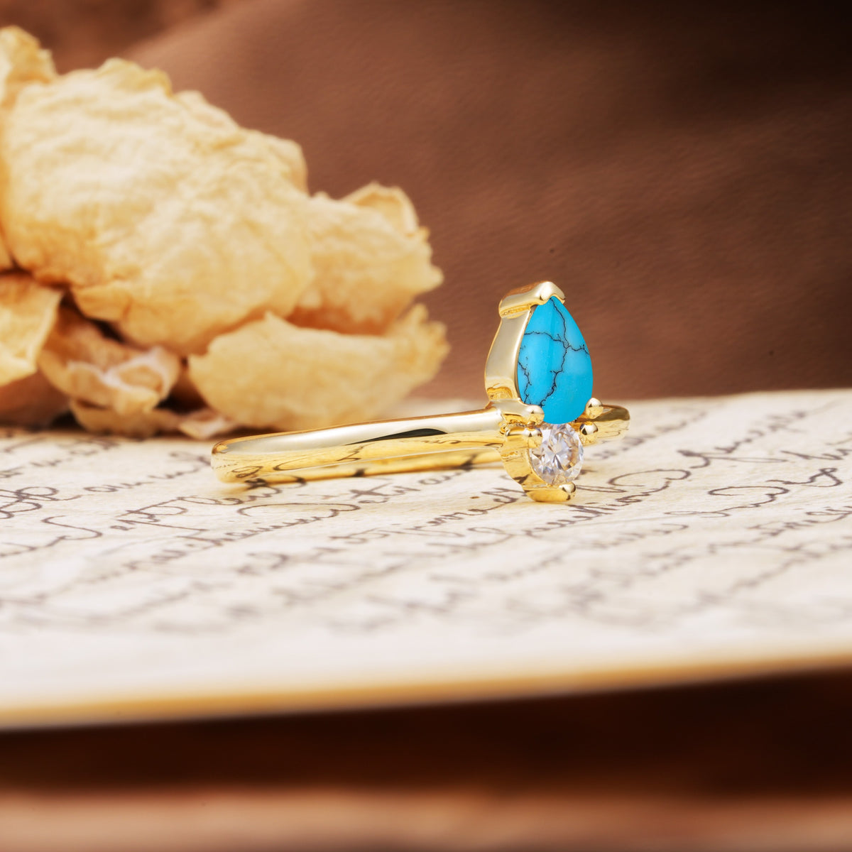 Luxurious 3-Prong Double Heart Cut Turquoise Engagement Ring - Additional view