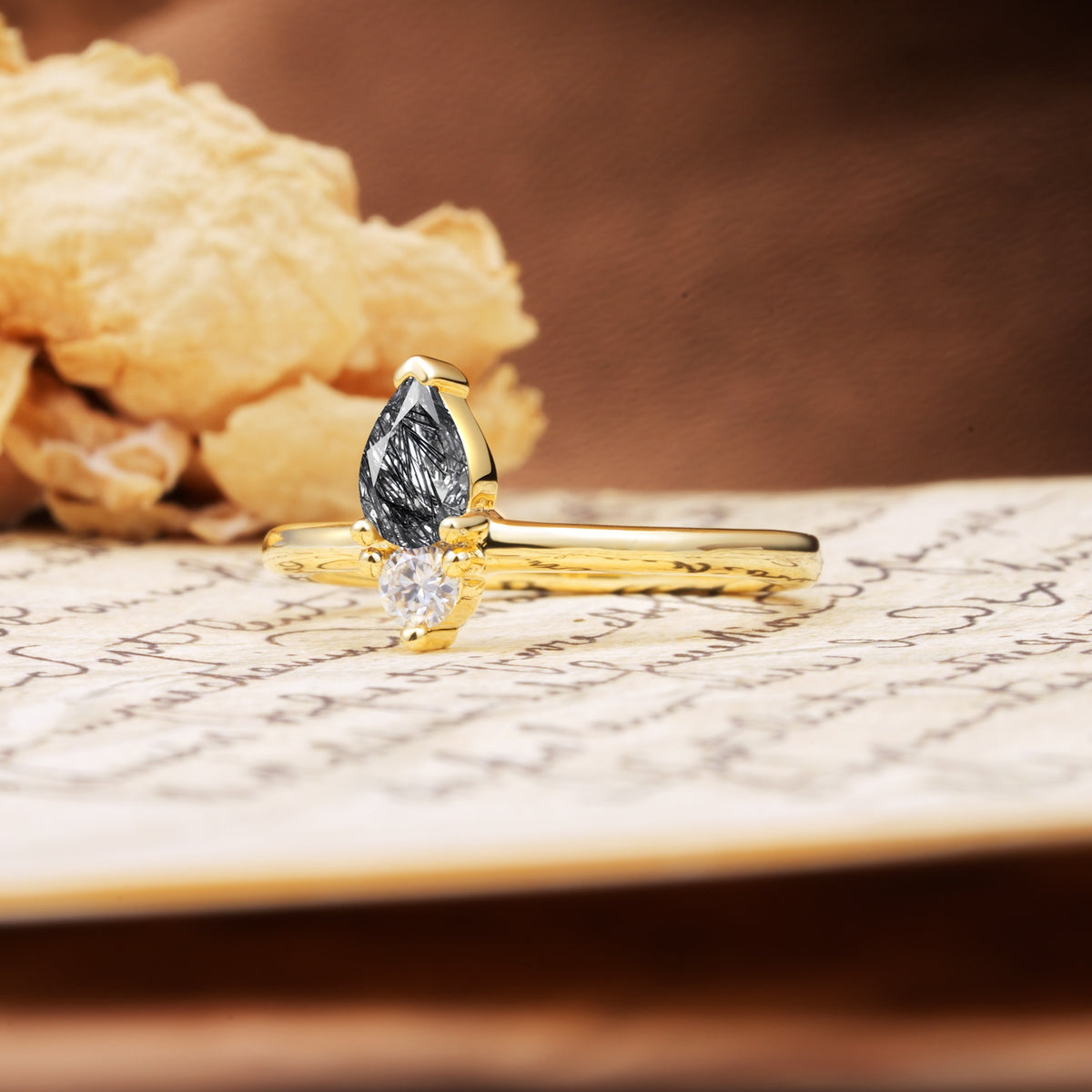 Luxurious 3-Prong Double Heart Cut Black Rutilated Quartz Engagement Ring - Additional view
