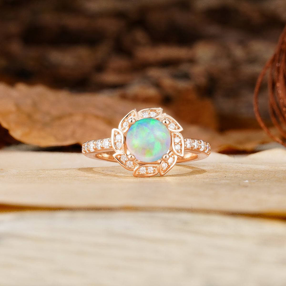 Nature-Inspired Classic 4-Prong Round-Cut Floral Design Fire Opal Engagement Ring - Additional view