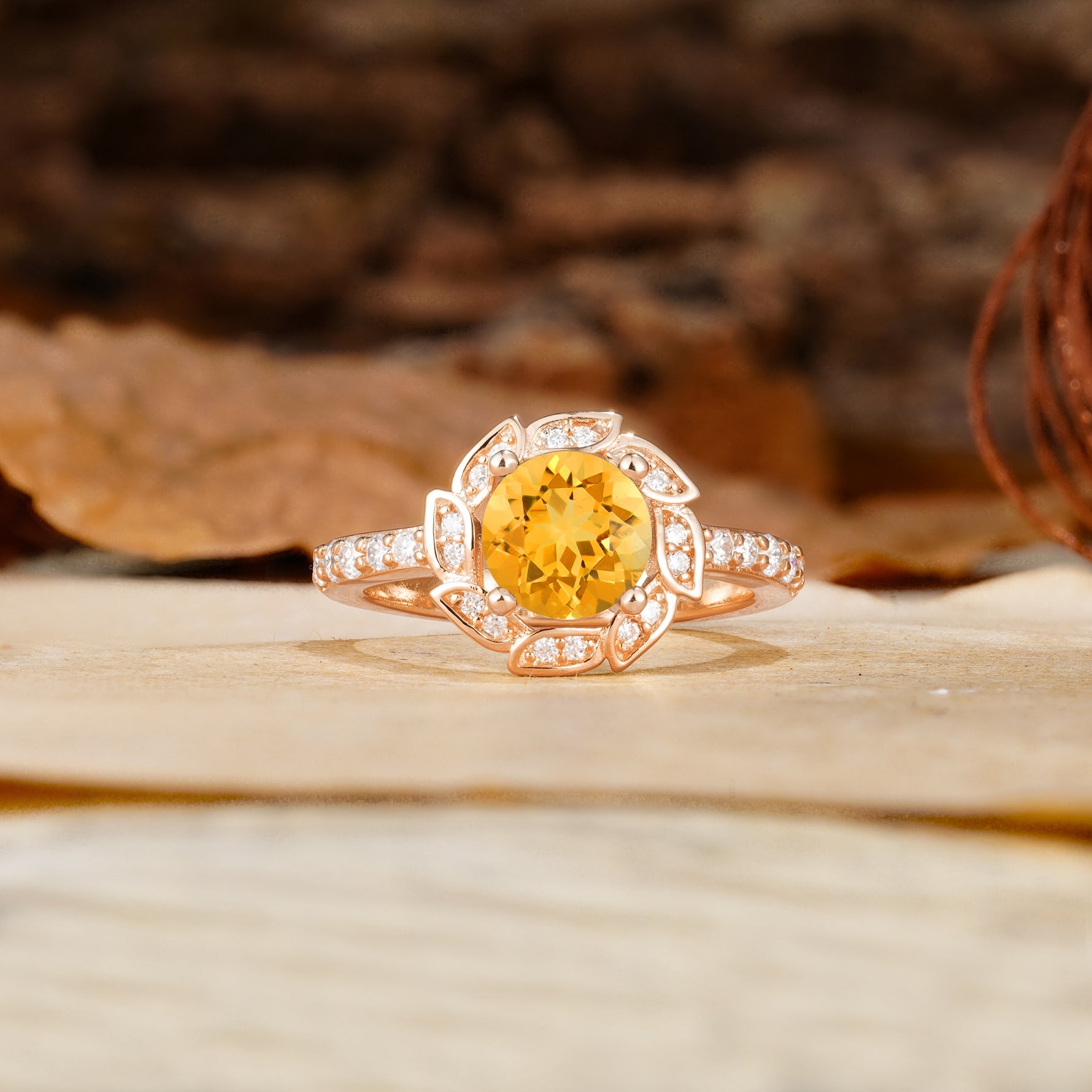 Nature-Inspired Classic 4-Prong Round-Cut Floral Design Citrine Engagement Ring - Additional view