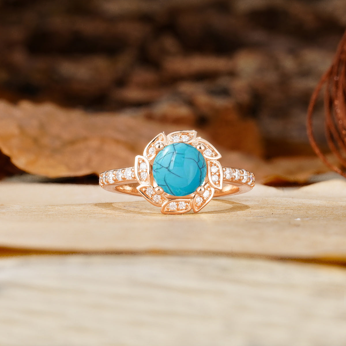 Nature-Inspired Classic 4-Prong Round-Cut Floral Design Turquoise Engagement Ring - Additional view