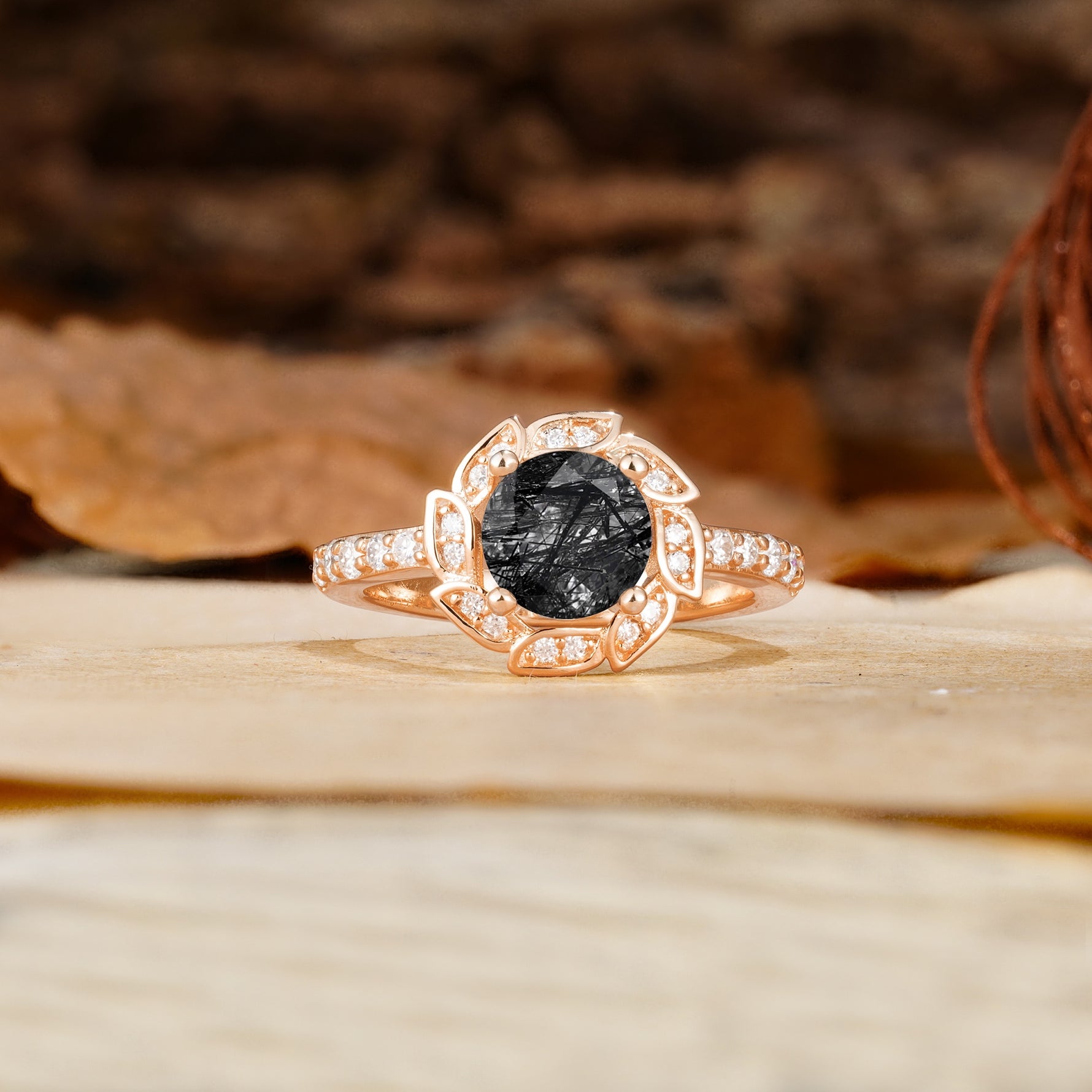 Nature-Inspired Classic 4-Prong Round-Cut Floral Design Black Rutilated Quartz Engagement Ring - Additional view