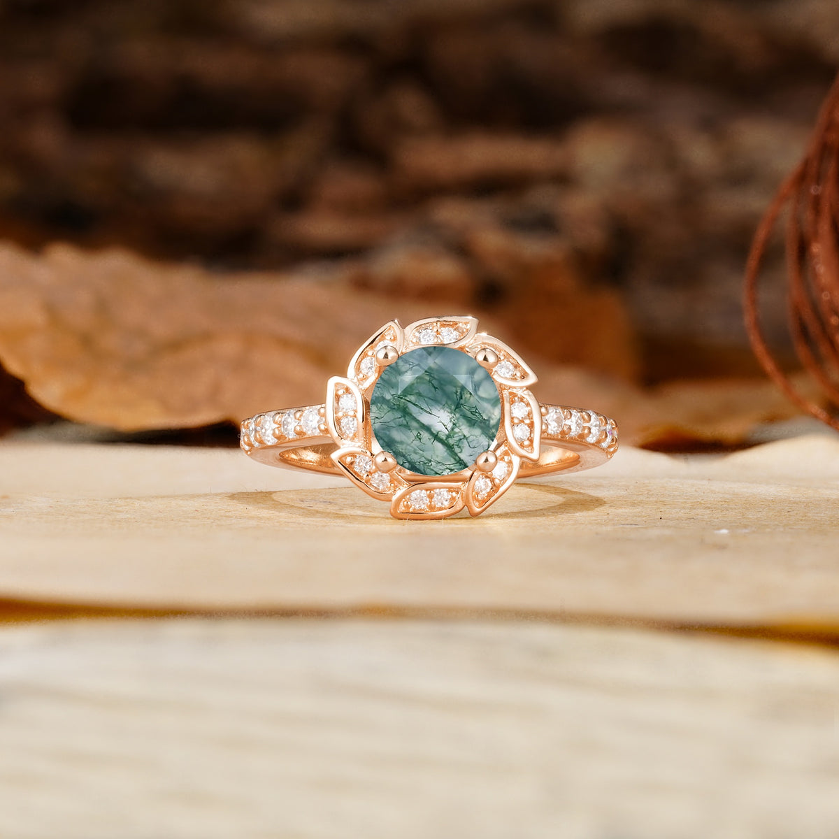 Nature-Inspired Classic 4-Prong Round-Cut Floral Design Moss Agate Engagement Ring - Additional view