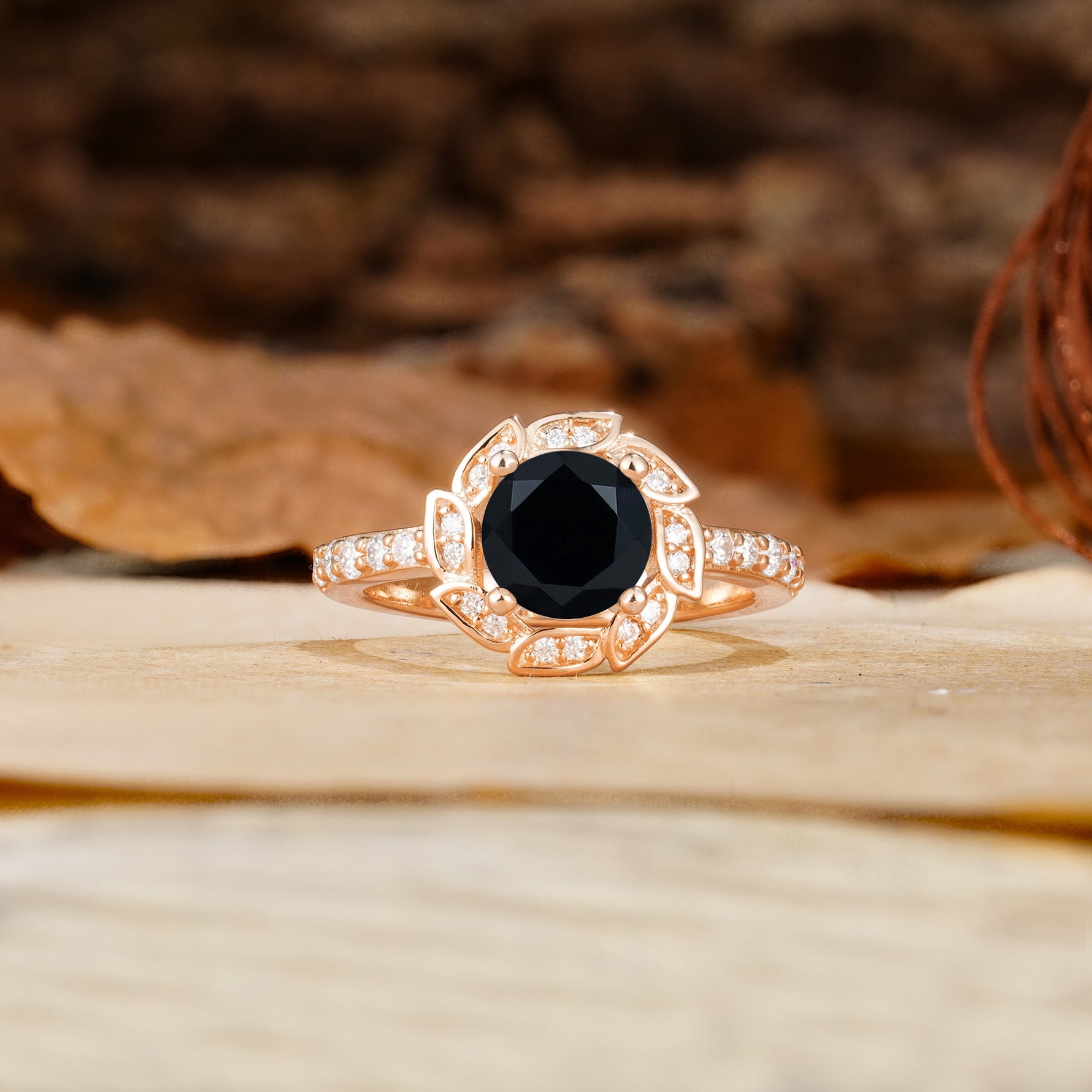 Nature-Inspired Classic 4-Prong Round-Cut Floral Design Black Onyx Engagement Ring - Additional view