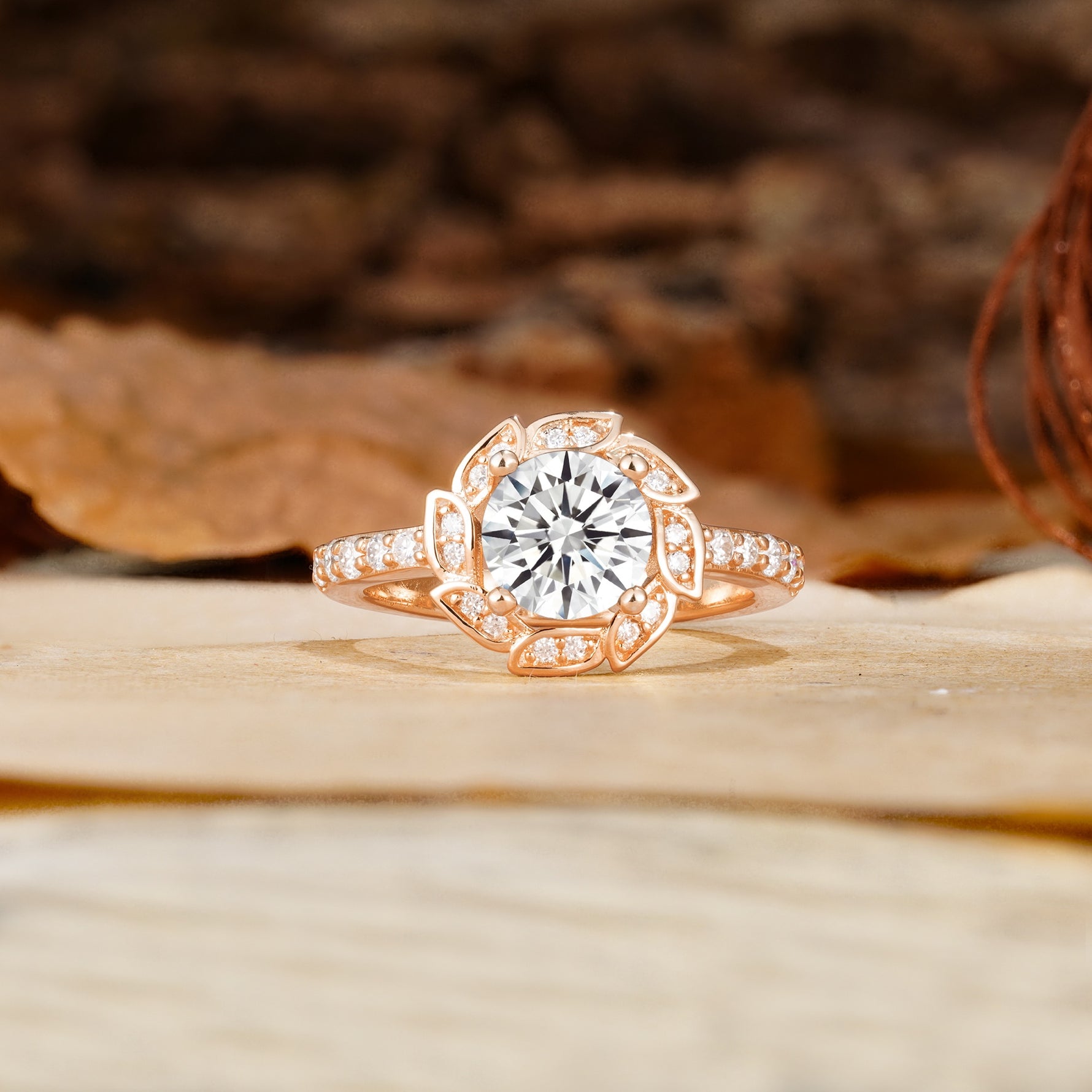Nature-Inspired Classic 4-Prong Round-Cut Floral Design Lab Diamond Engagement Ring - Additional view