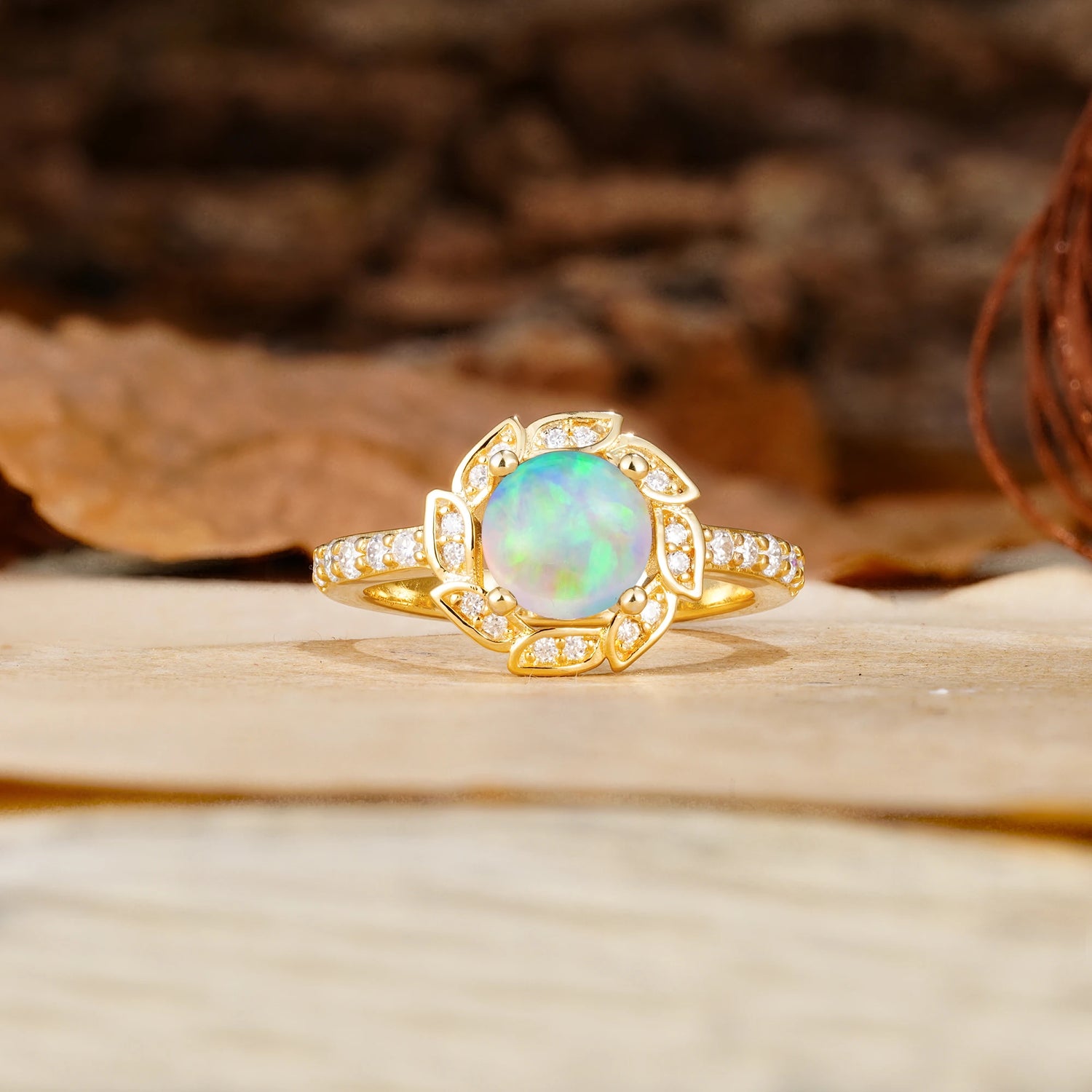 Nature-Inspired Classic 4-Prong Round-Cut Floral Design Fire Opal Engagement Ring
