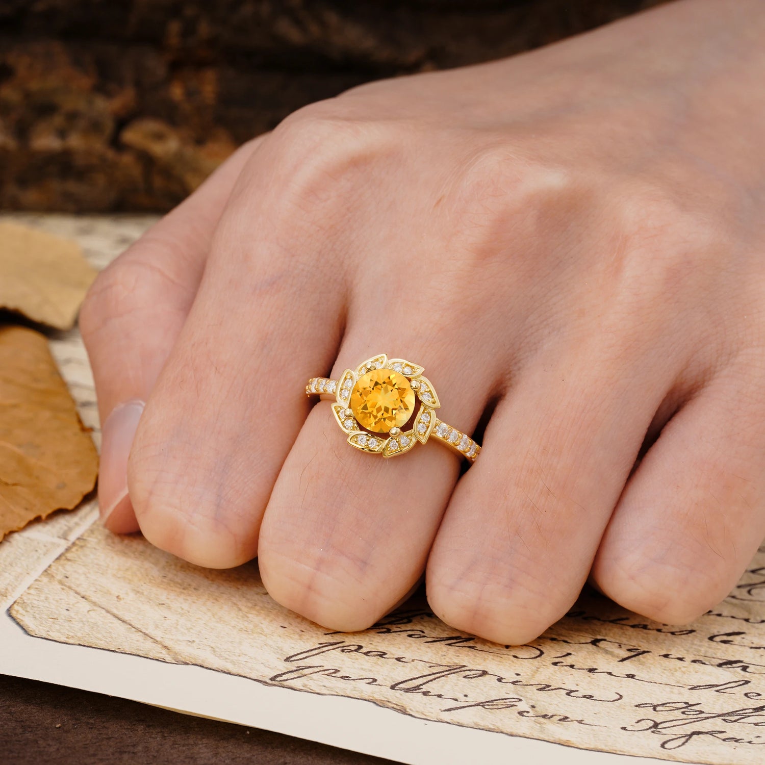 Nature-Inspired Classic 4-Prong Round-Cut Floral Design Citrine Engagement Ring