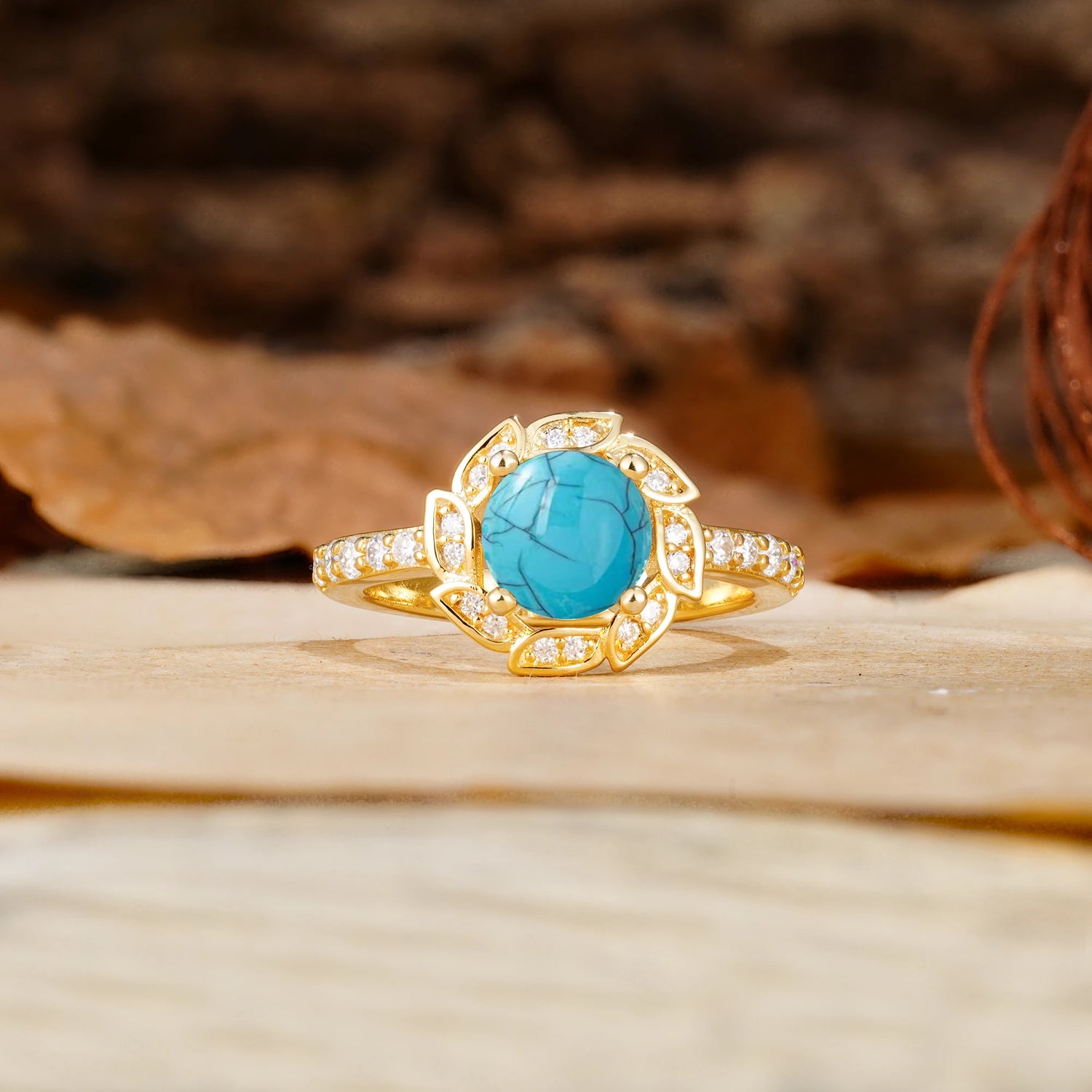 Nature-Inspired Classic 4-Prong Round-Cut Floral Design Turquoise Engagement Ring