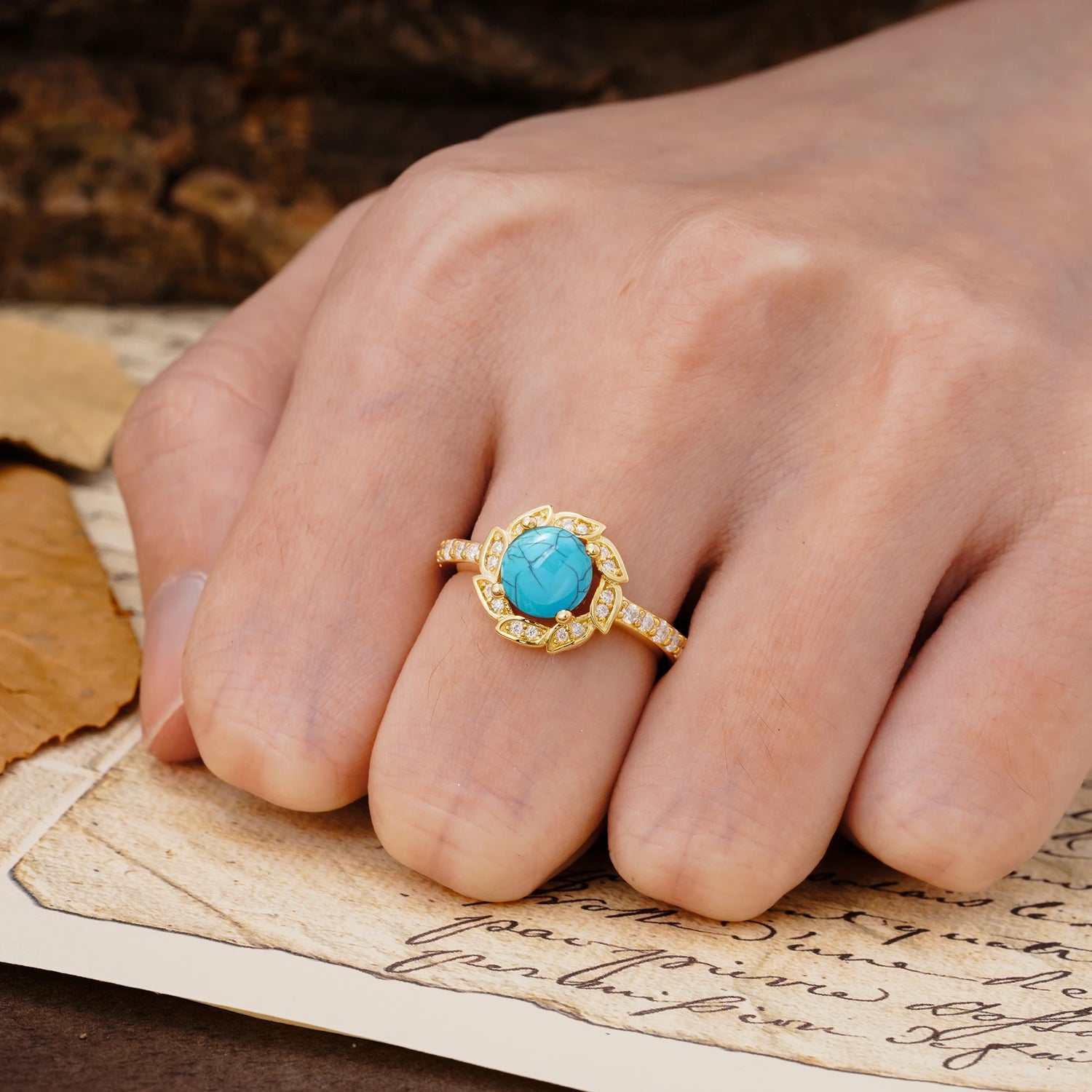 Nature-Inspired Classic 4-Prong Round-Cut Floral Design Turquoise Engagement Ring