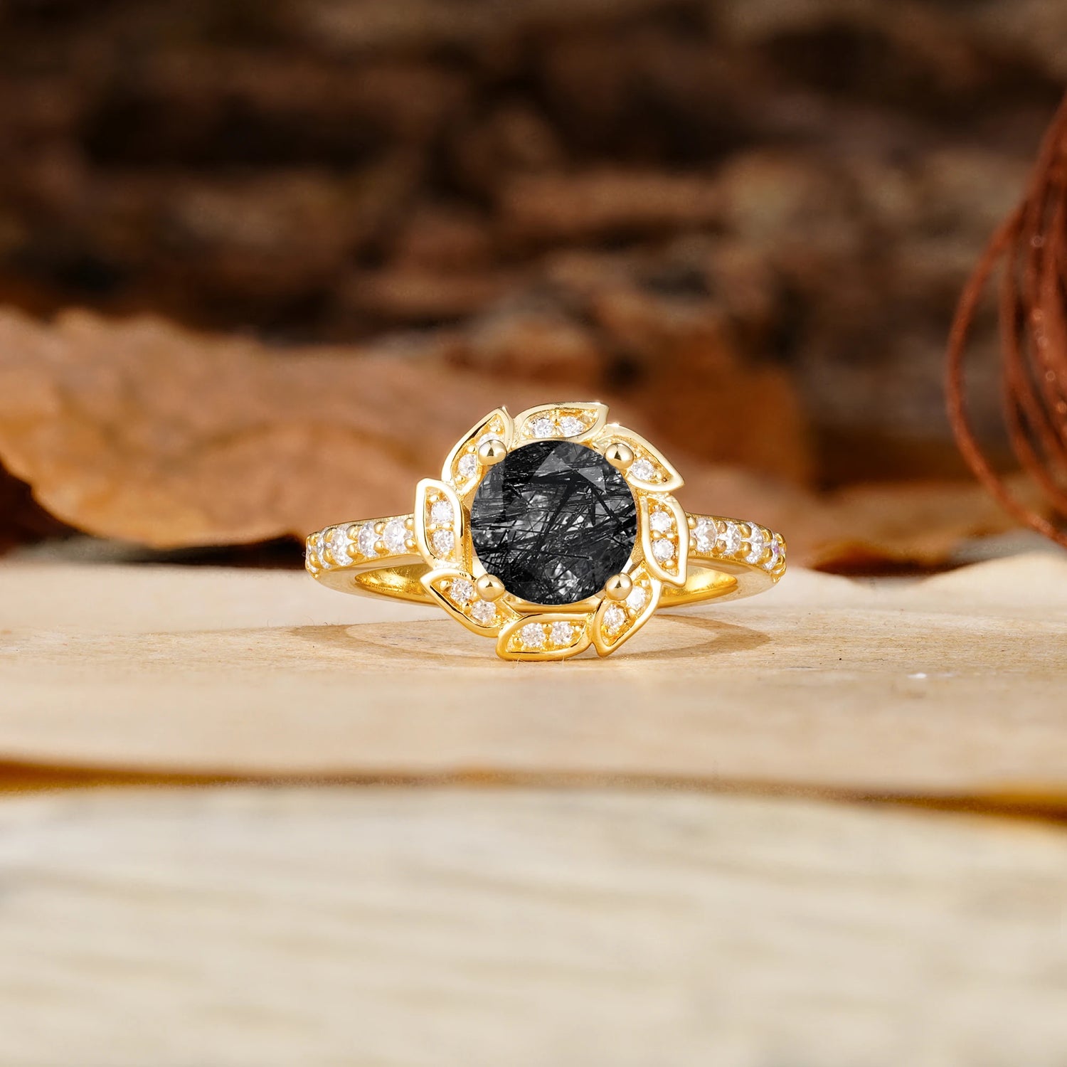 Nature-Inspired Classic 4-Prong Round-Cut Floral Design Black Rutilated Quartz Engagement Ring