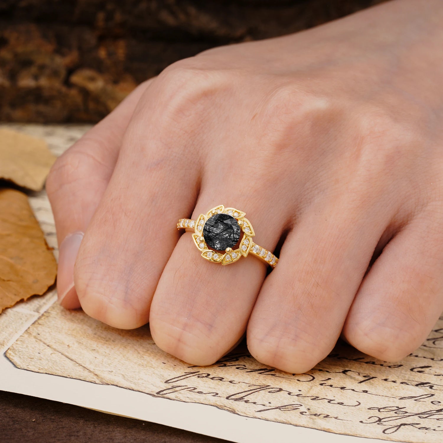 Nature-Inspired Classic 4-Prong Round-Cut Floral Design Black Rutilated Quartz Engagement Ring