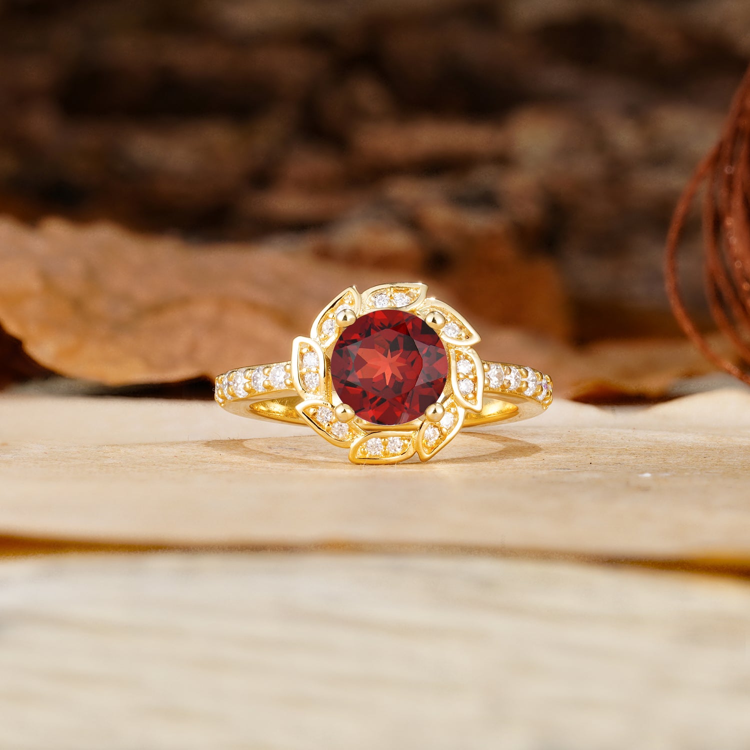 Nature-Inspired Classic 4-Prong Round-Cut Floral Design Garnet Engagement Ring