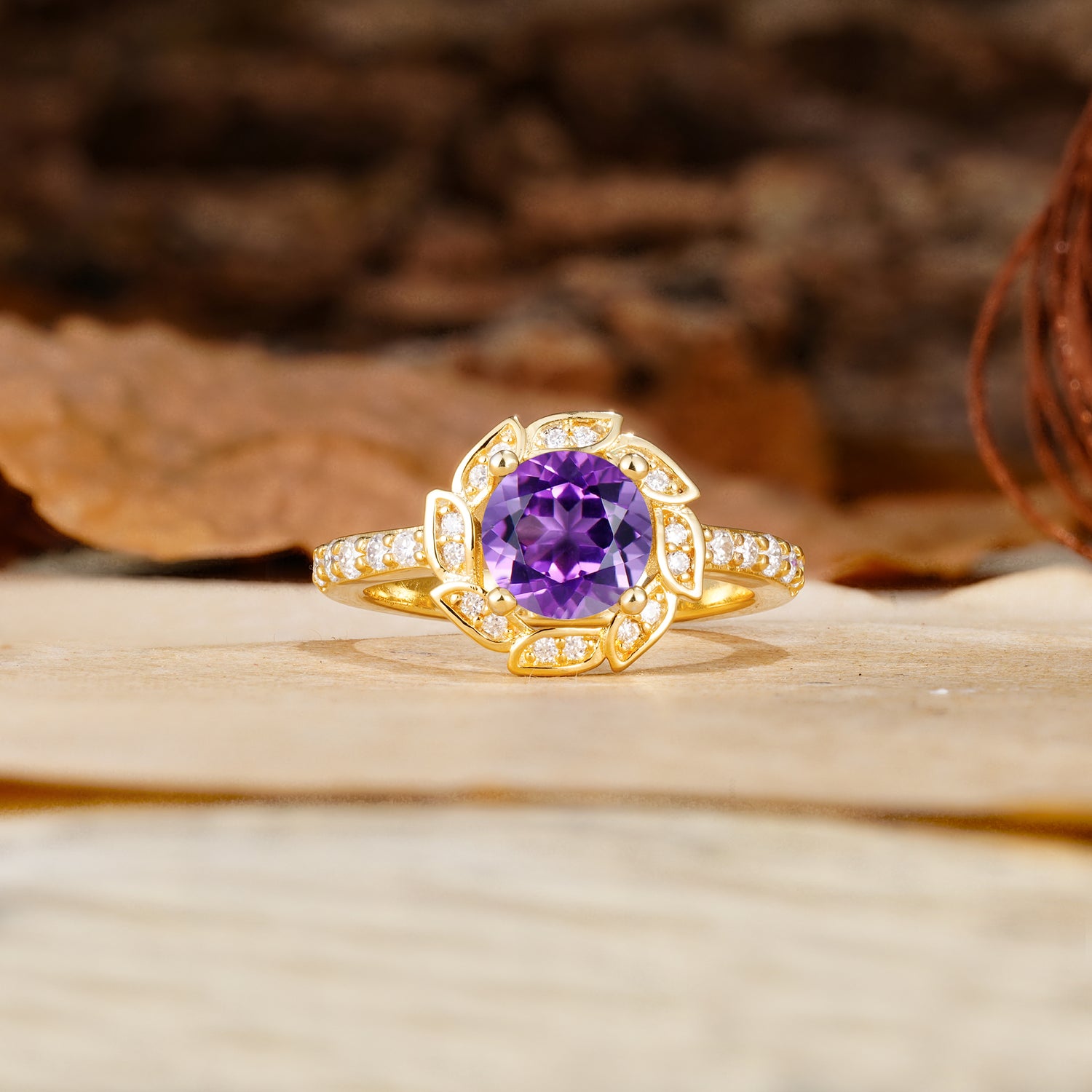 Nature-Inspired Classic 4-Prong Round-Cut Floral Design Amethyst Engagement Ring