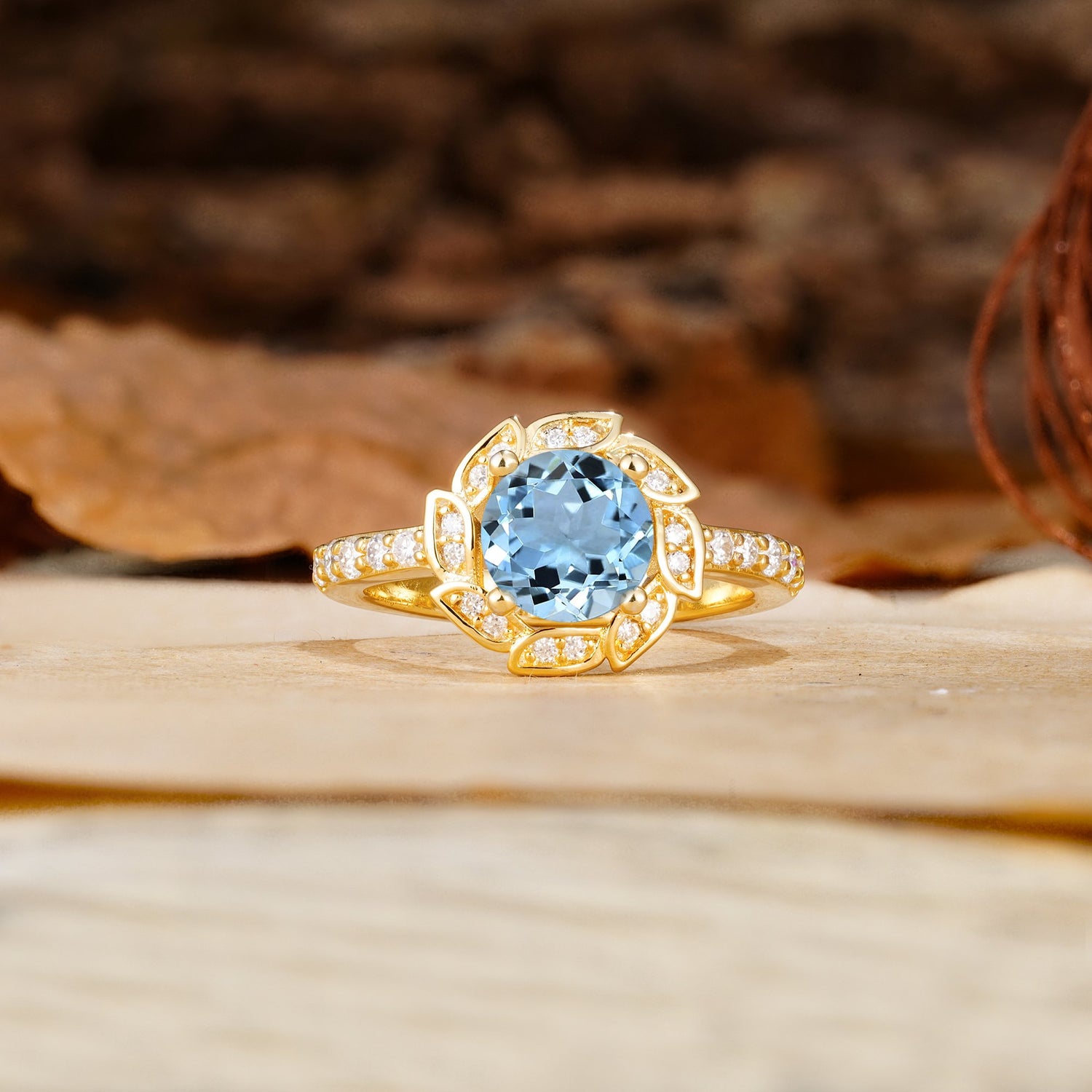 Nature-Inspired Classic 4-Prong Round-Cut Floral Design Aquamarine Engagement Ring