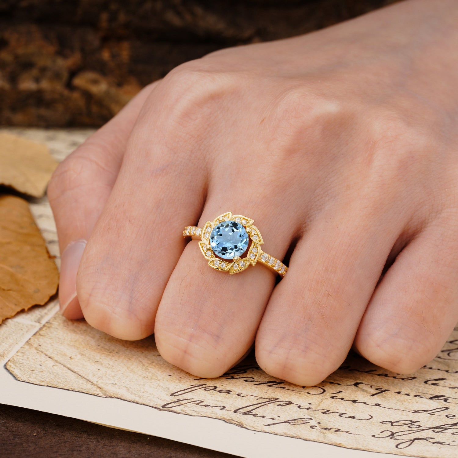 Nature-Inspired Classic 4-Prong Round-Cut Floral Design Aquamarine Engagement Ring