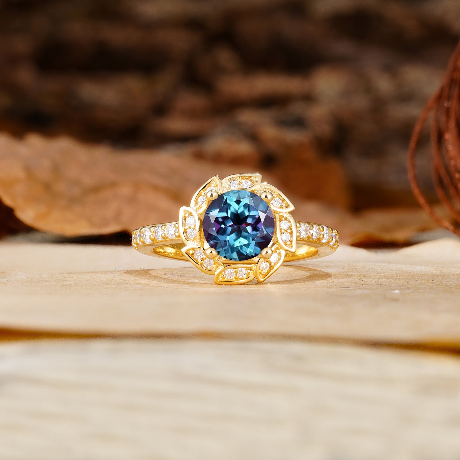 Nature-Inspired Classic 4-Prong Round-Cut Floral Design Alexandrite Engagement Ring