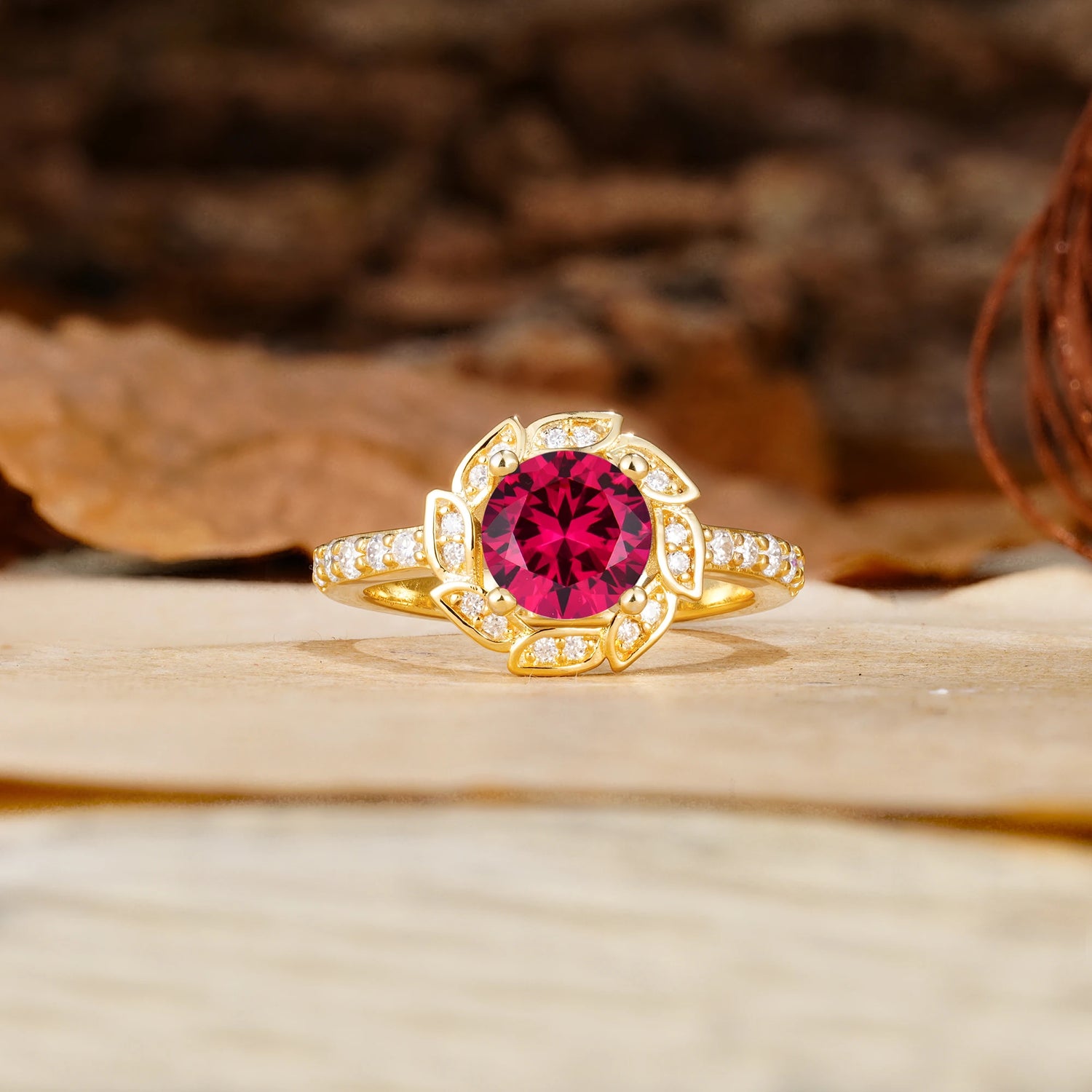 Nature-Inspired Classic 4-Prong Round-Cut Floral Design Ruby Engagement Ring