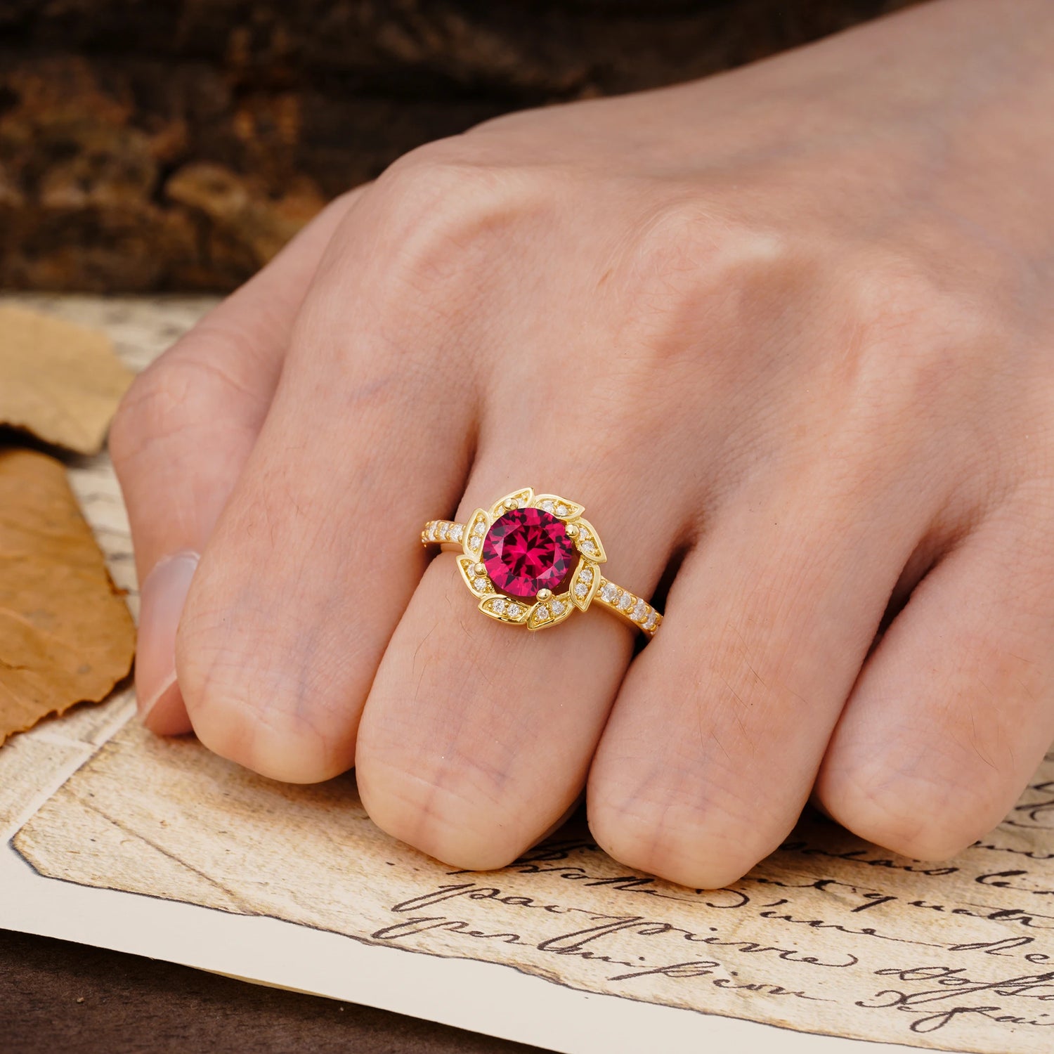 Nature-Inspired Classic 4-Prong Round-Cut Floral Design Ruby Engagement Ring