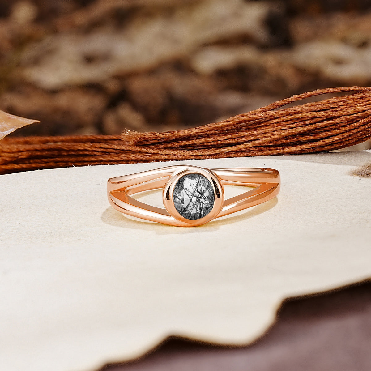 Unique Twisted-Wrap Round Cut Black Rutilated Quartz Engagement Ring - Additional view