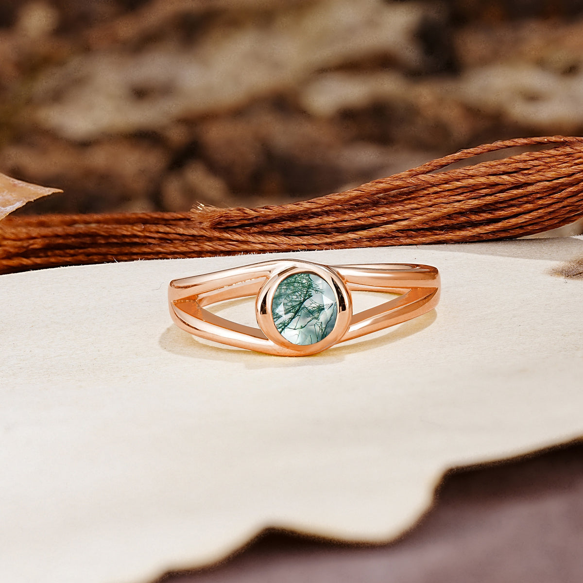 Unique Twisted-Wrap Round Cut Moss Agate Engagement Ring - Additional view