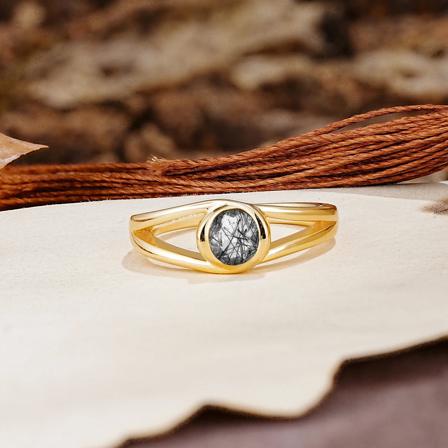 Unique Twisted-Wrap Round Cut Black Rutilated Quartz Engagement Ring