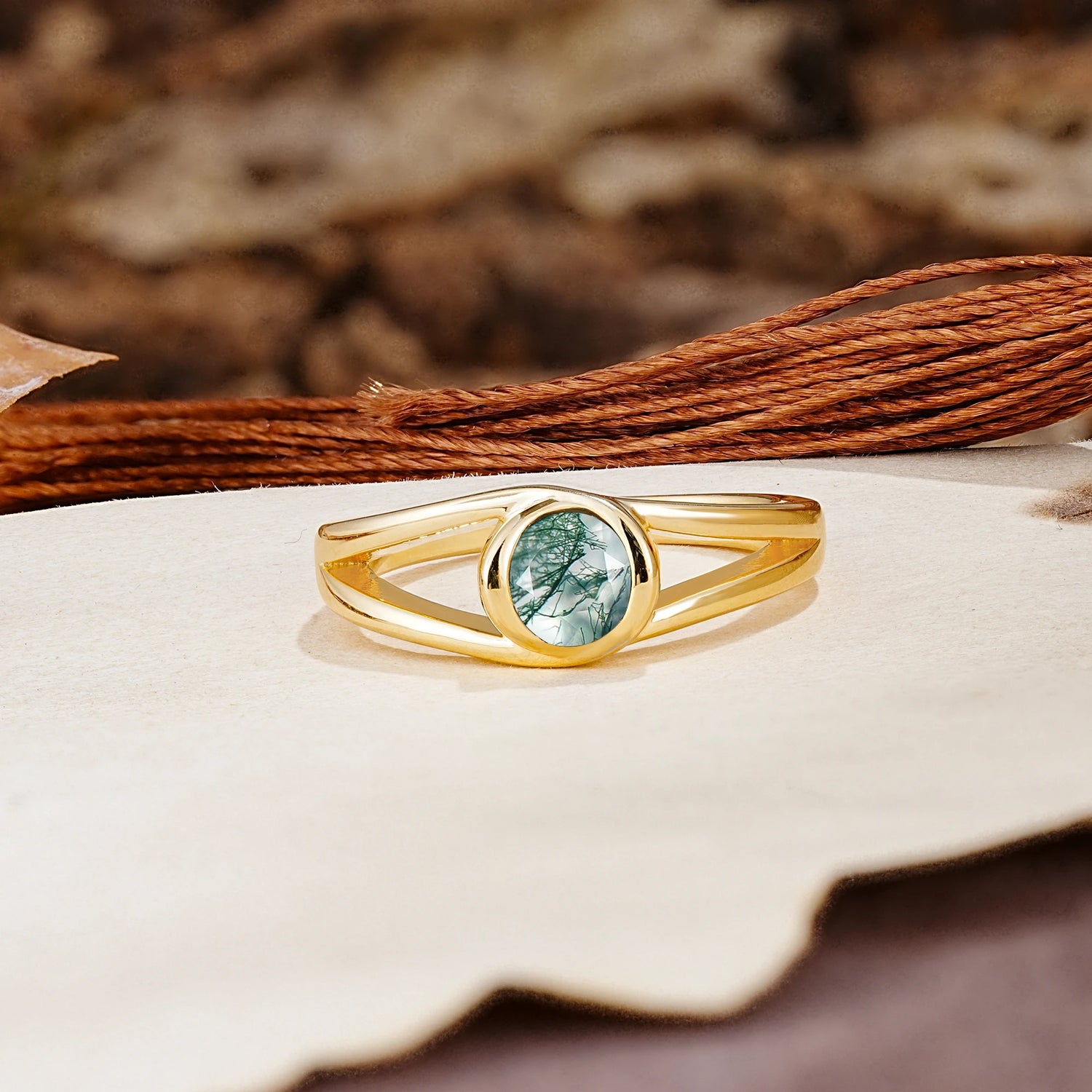 Unique Twisted-Wrap Round Cut Moss Agate Engagement Ring