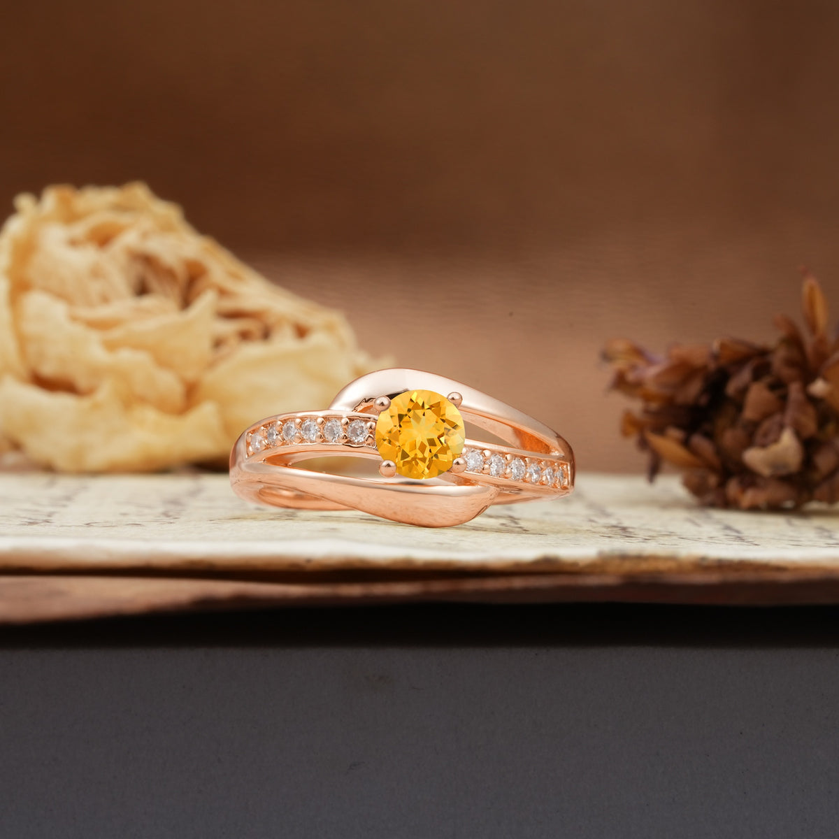 Unique Intertwined 4-Prong Round Cut Citrine Engagement Ring - Additional view