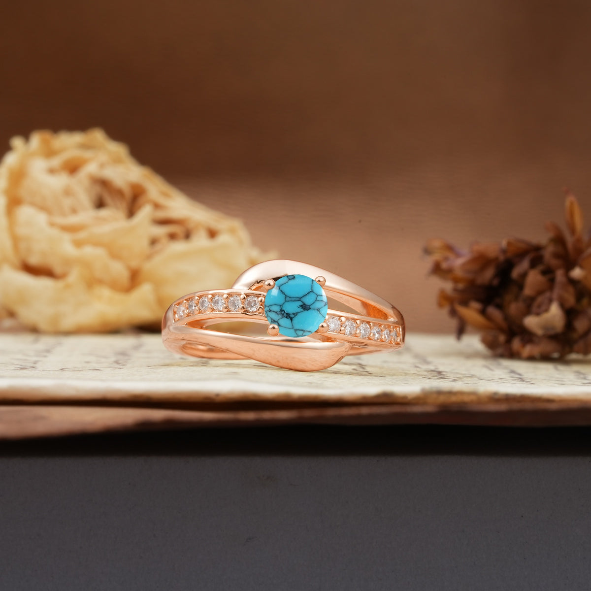 Unique Intertwined 4-Prong Round Cut Turquoise Engagement Ring - Additional view