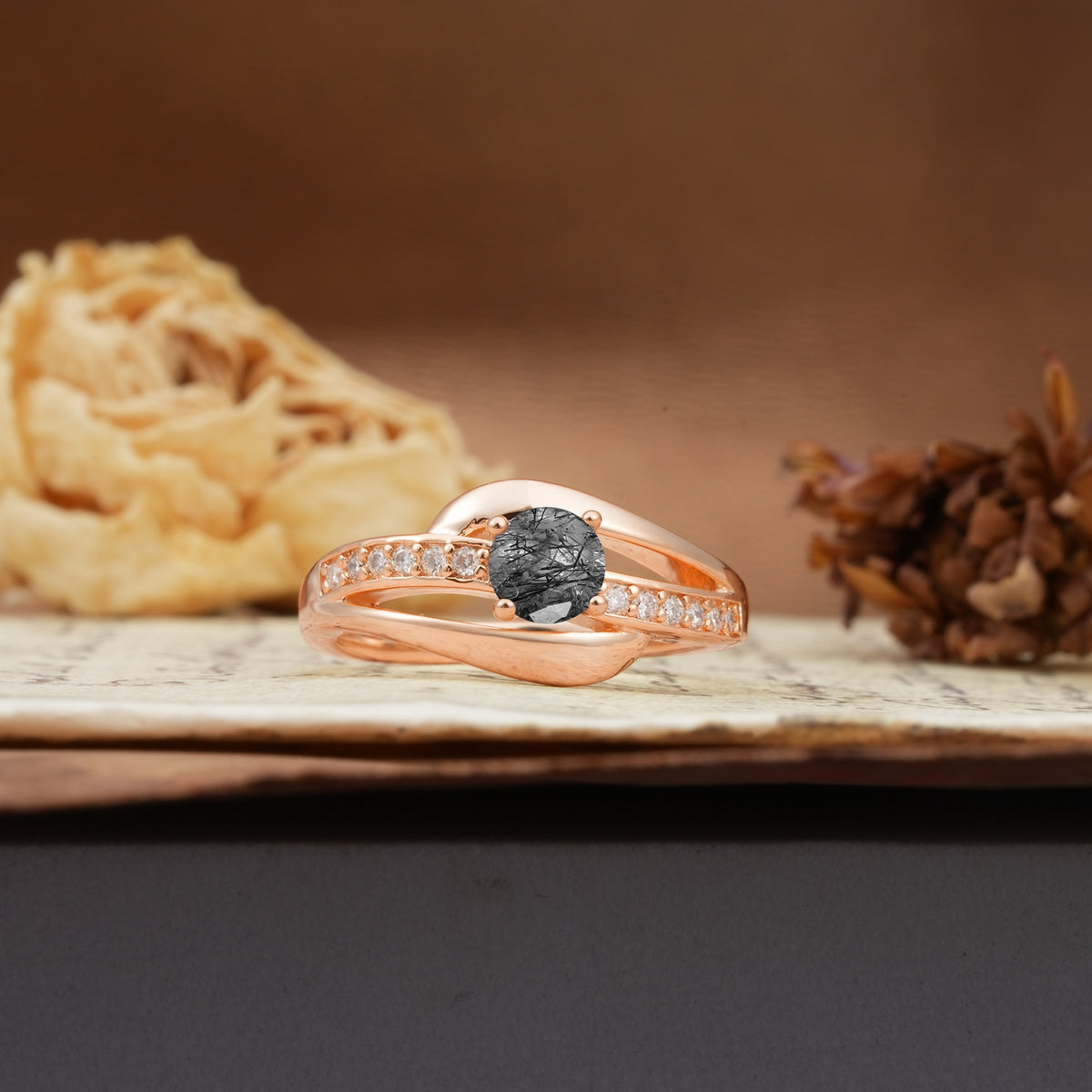 Unique Intertwined 4-Prong Round Cut Black Rutilated Quartz Engagement Ring - Additional view