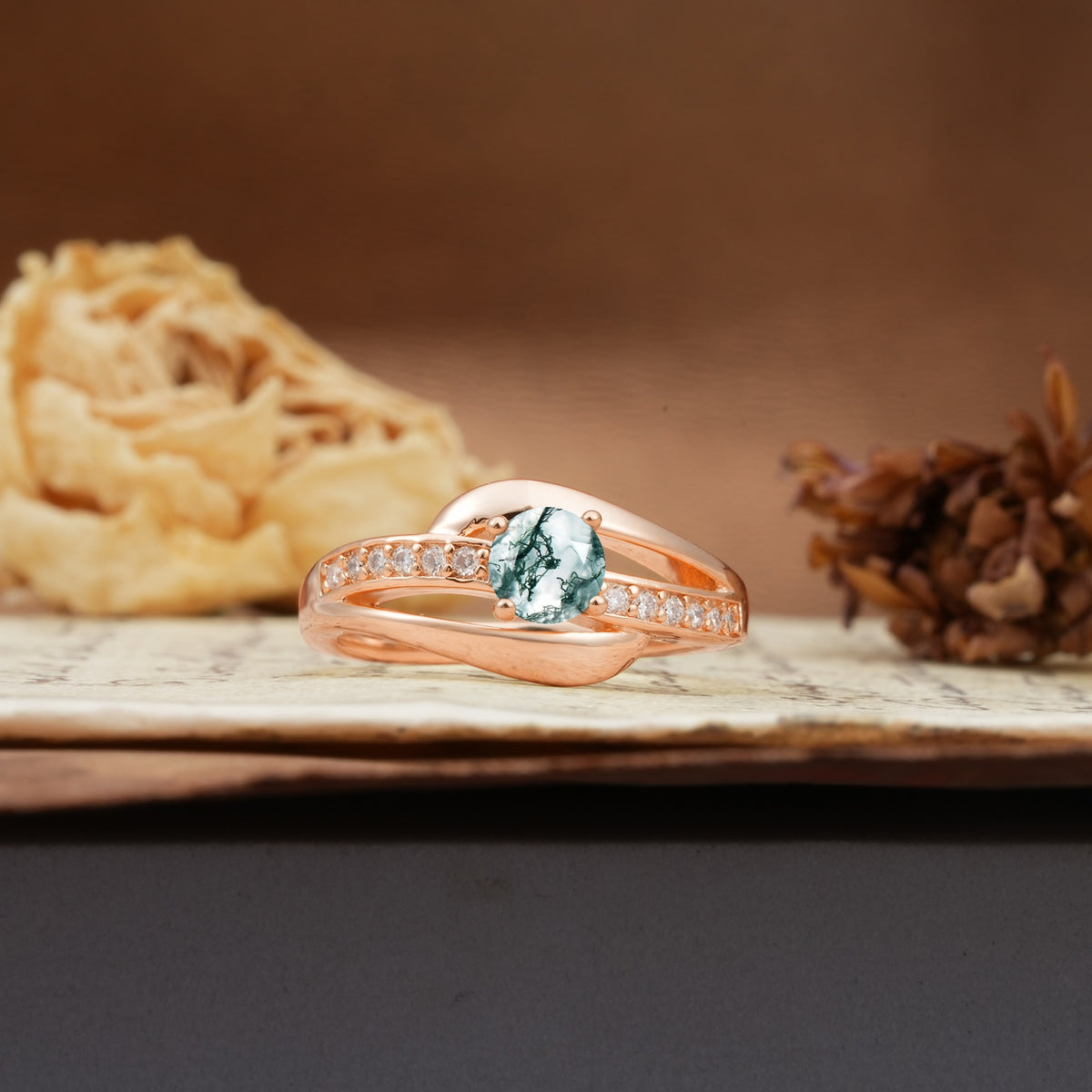 Unique Intertwined 4-Prong Round Cut Moss Agate Engagement Ring - Additional view