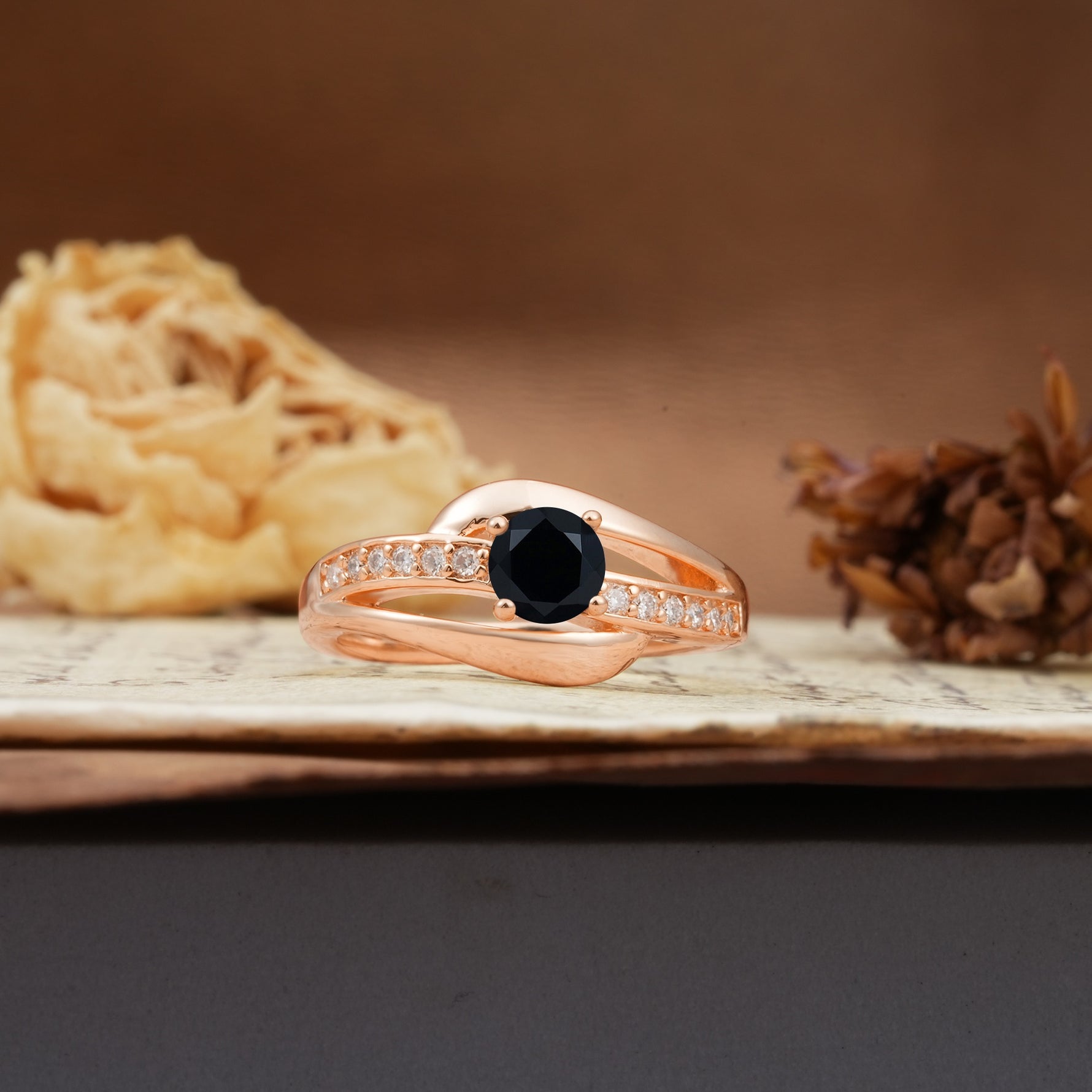 Unique Intertwined 4-Prong Round Cut Black Onyx Engagement Ring - Additional view