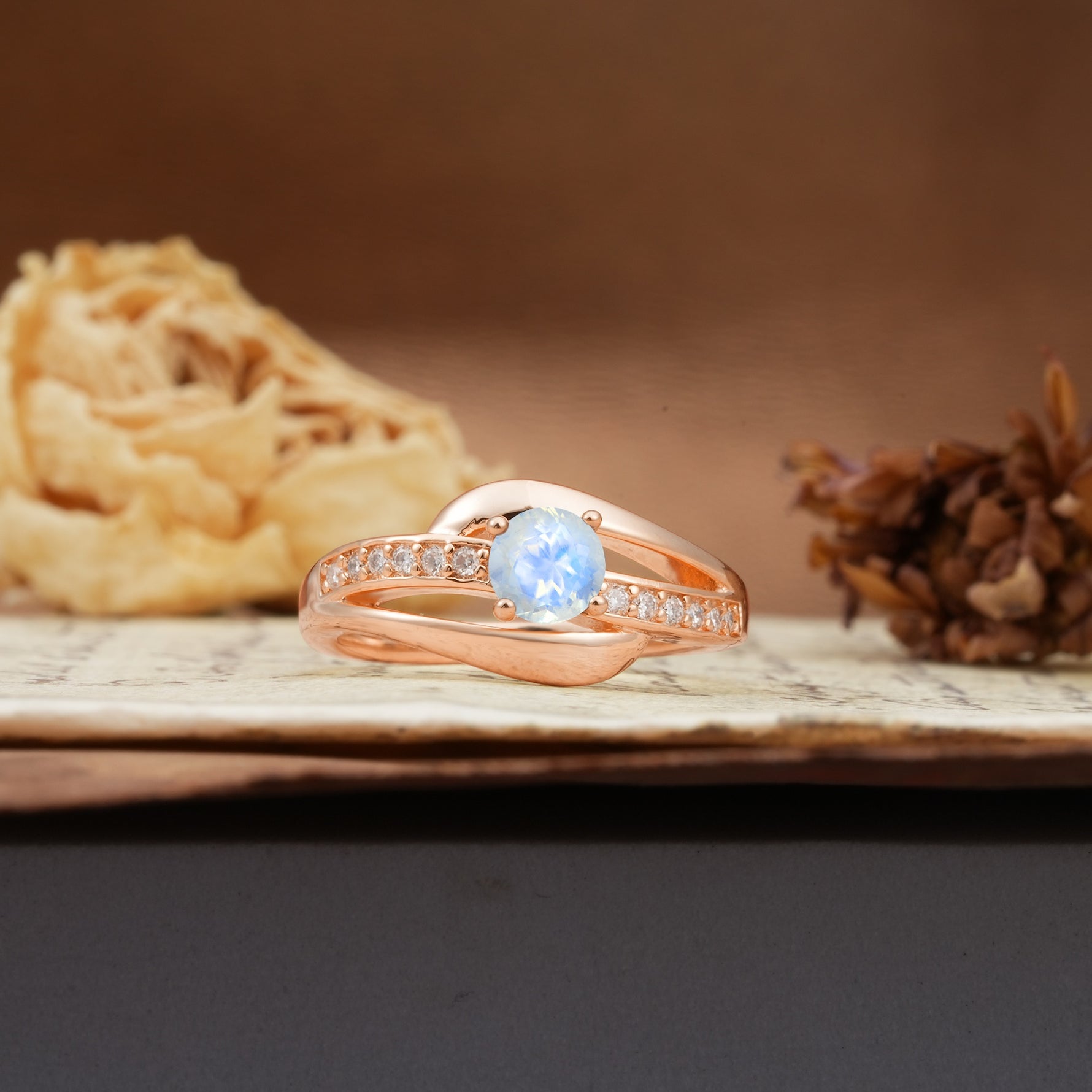 Unique Intertwined 4-Prong Round Cut Moonstone Engagement Ring - Additional view