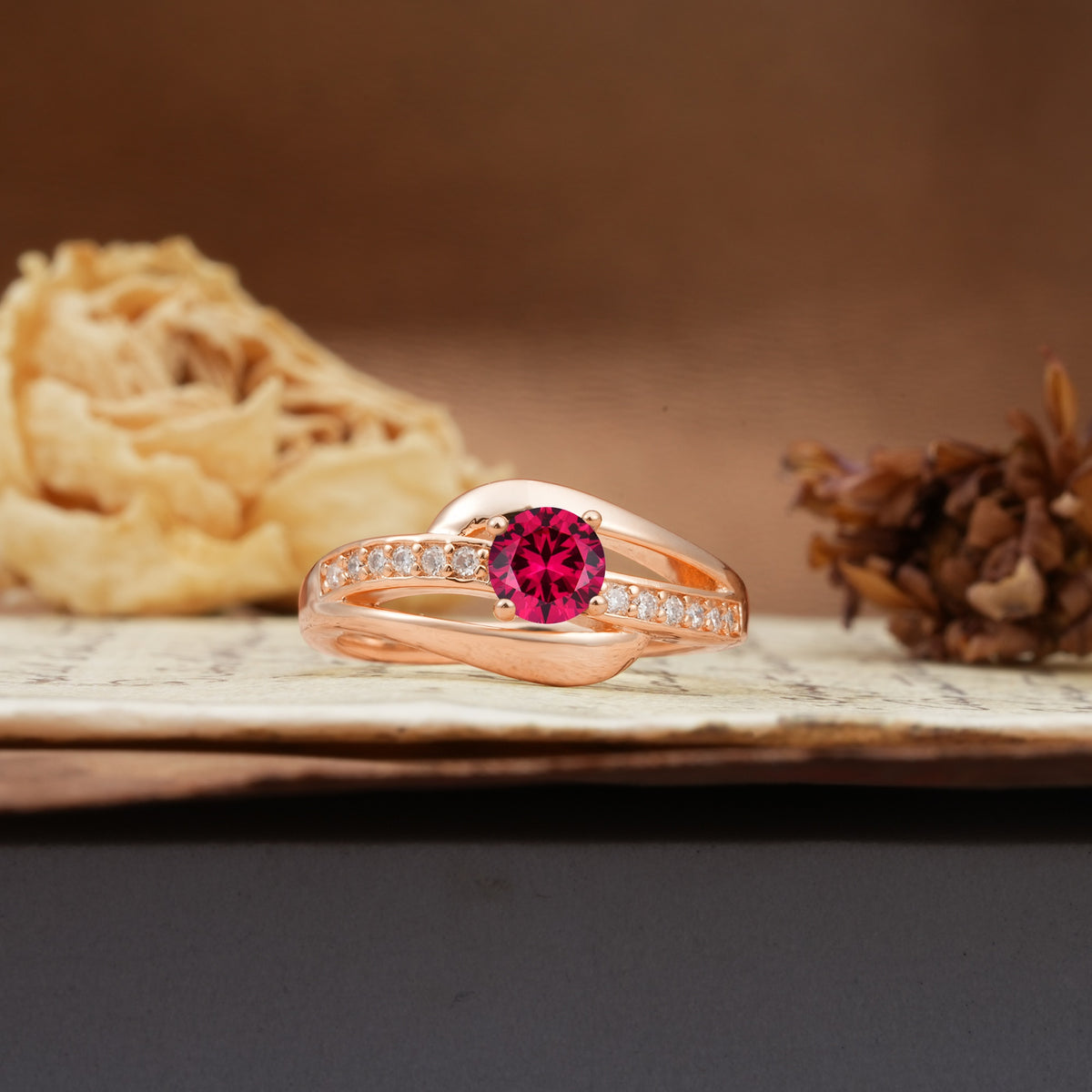Unique Intertwined 4-Prong Round Cut Ruby Engagement Ring - Additional view