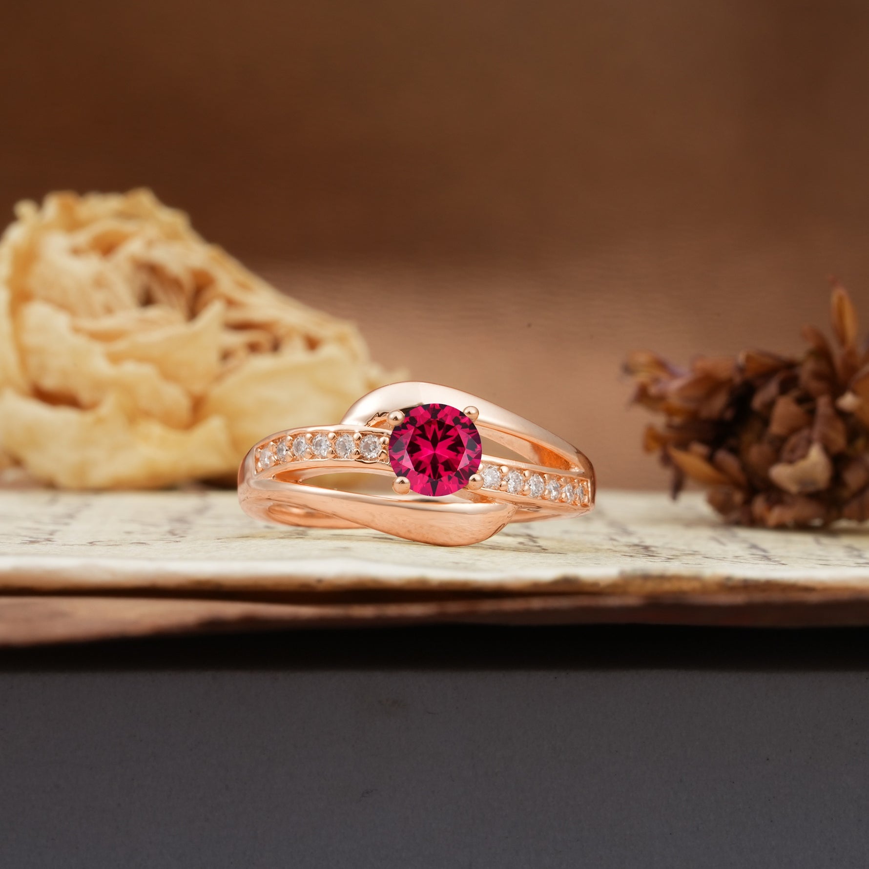 Unique Intertwined 4-Prong Round Cut Ruby Engagement Ring - Additional view