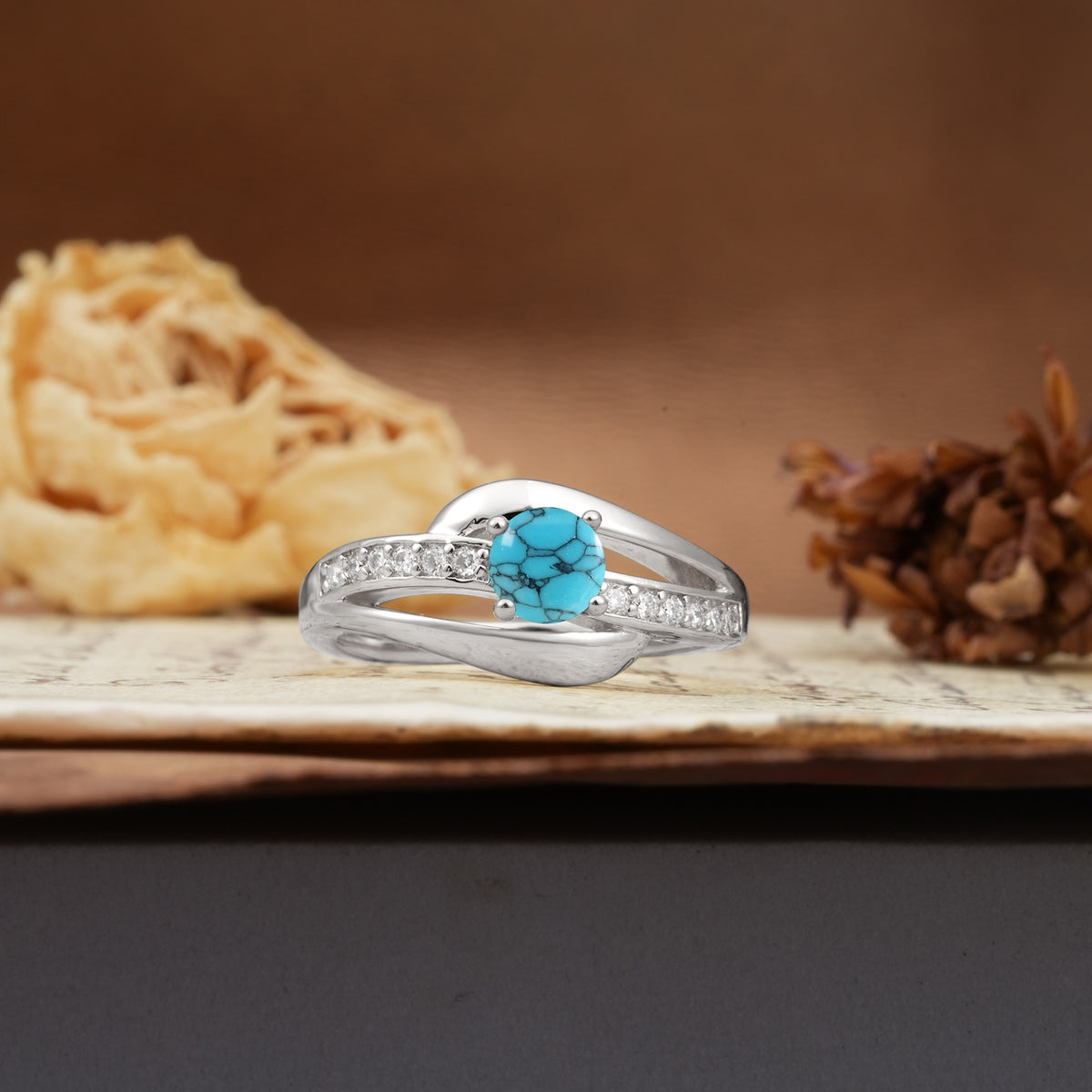 Unique Intertwined 4-Prong Round Cut Turquoise Engagement Ring - Additional view