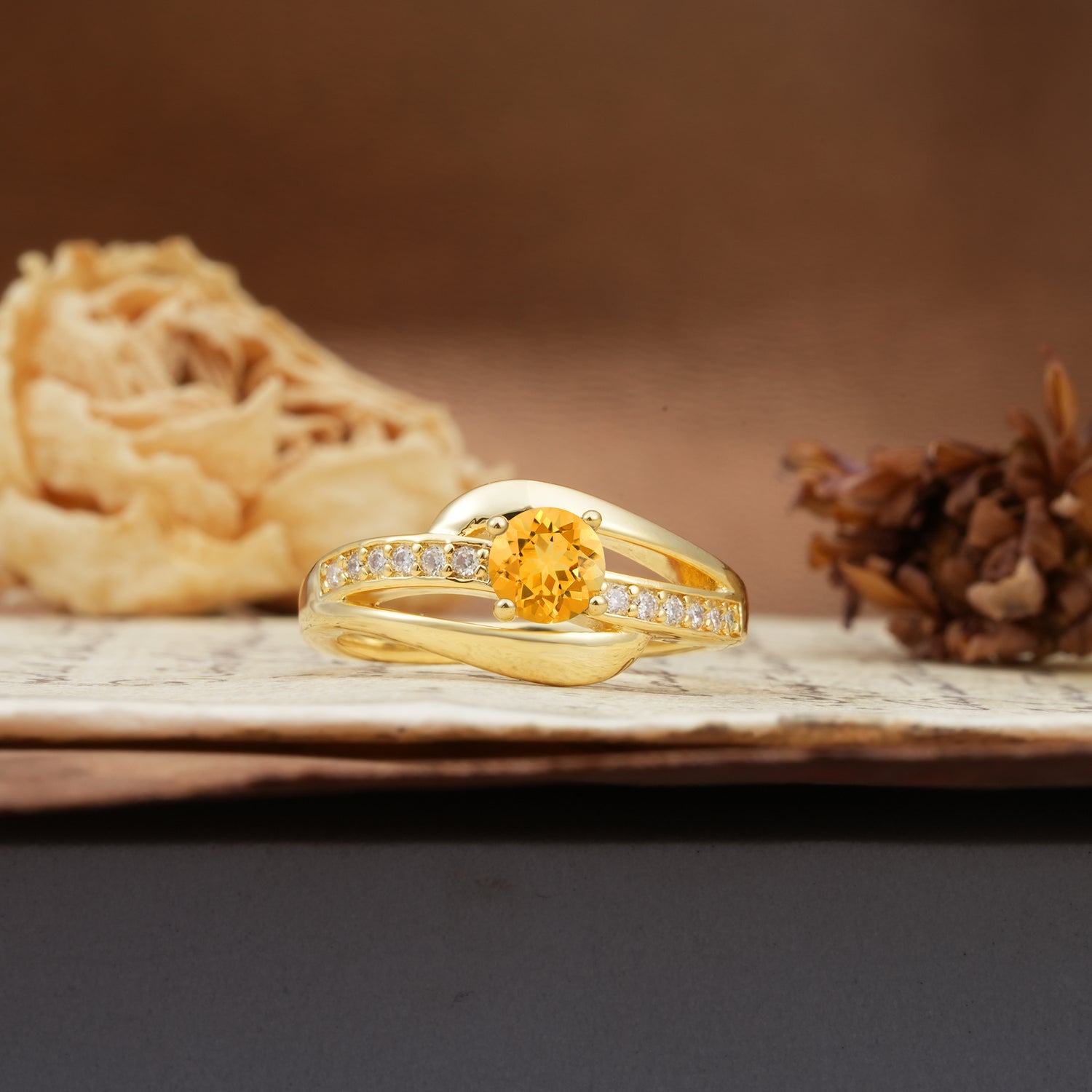 Unique Intertwined 4-Prong Round Cut Citrine Engagement Ring