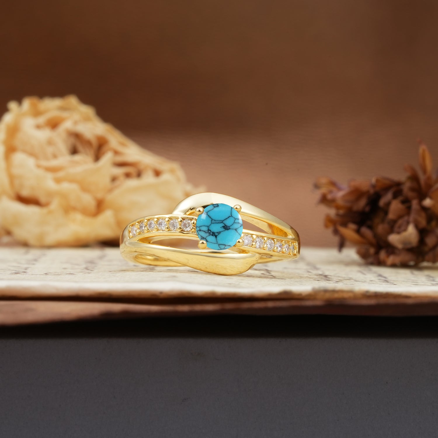 Unique Intertwined 4-Prong Round Cut Turquoise Engagement Ring