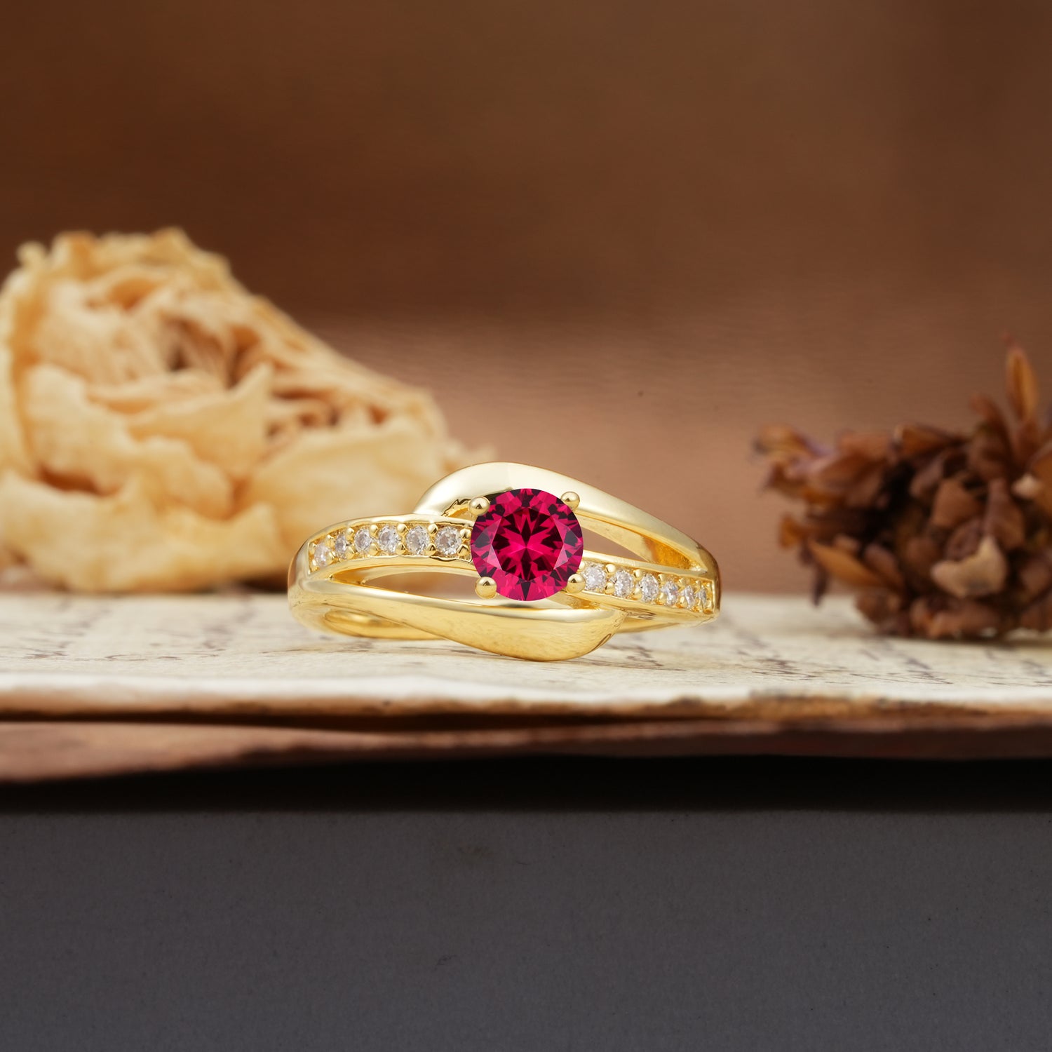 Unique Intertwined 4-Prong Round Cut Ruby Engagement Ring