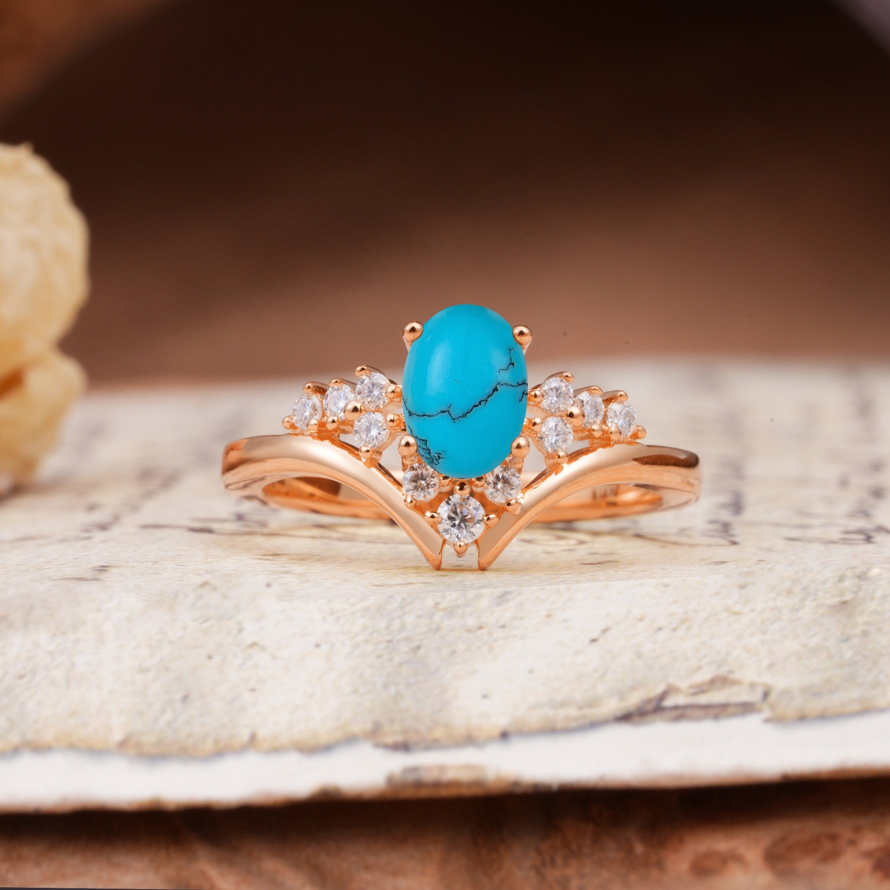Simple 3-Prong Pear-Cut Turquoise Two stones Engagement Ring - Additional view