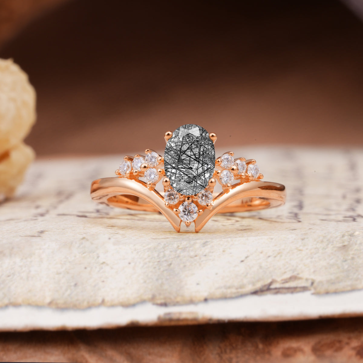 Simple 3-Prong Pear-Cut Black Rutilated Quartz Two stones Engagement Ring - Additional view
