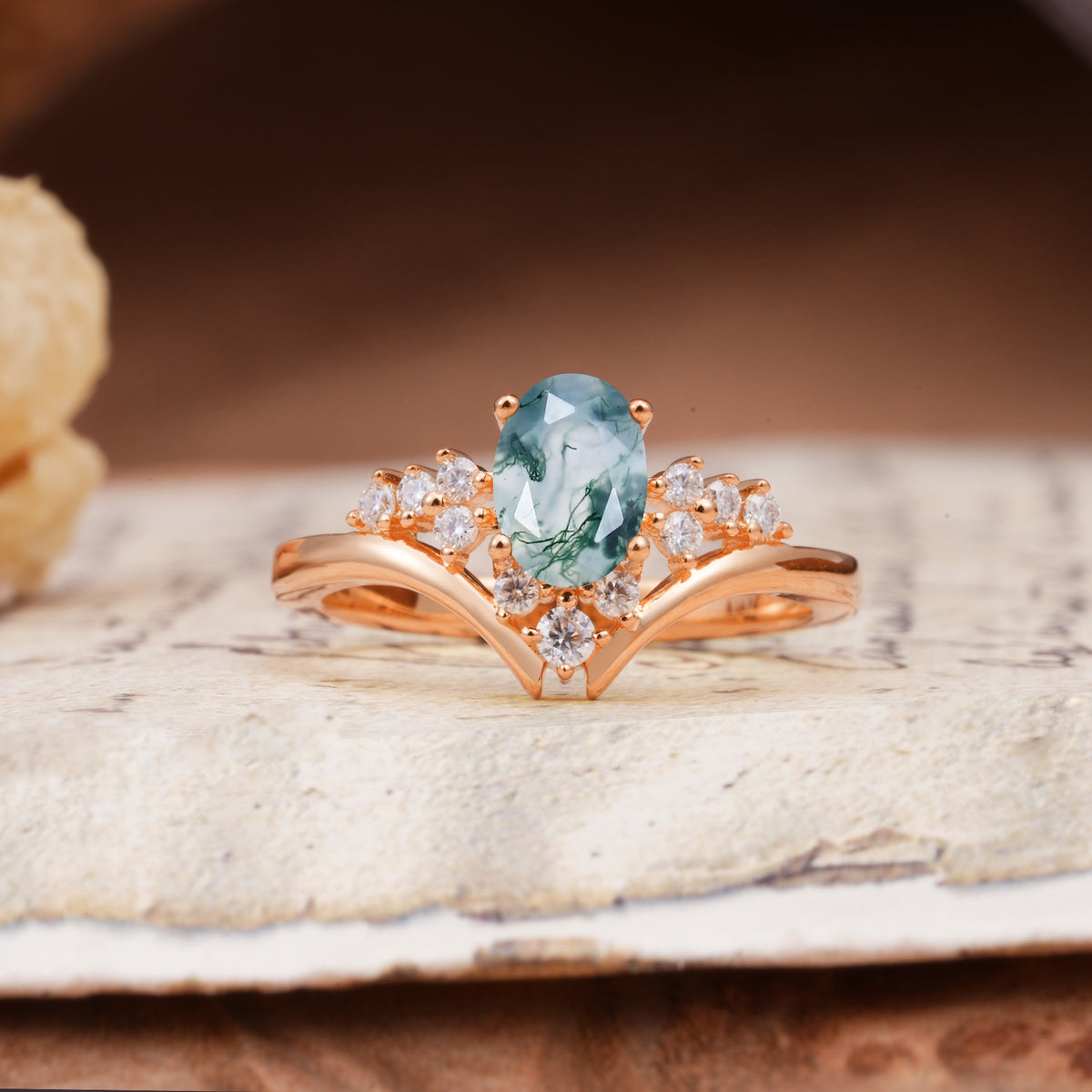 Simple 3-Prong Pear-Cut Moss Agate Two stones Engagement Ring - Additional view