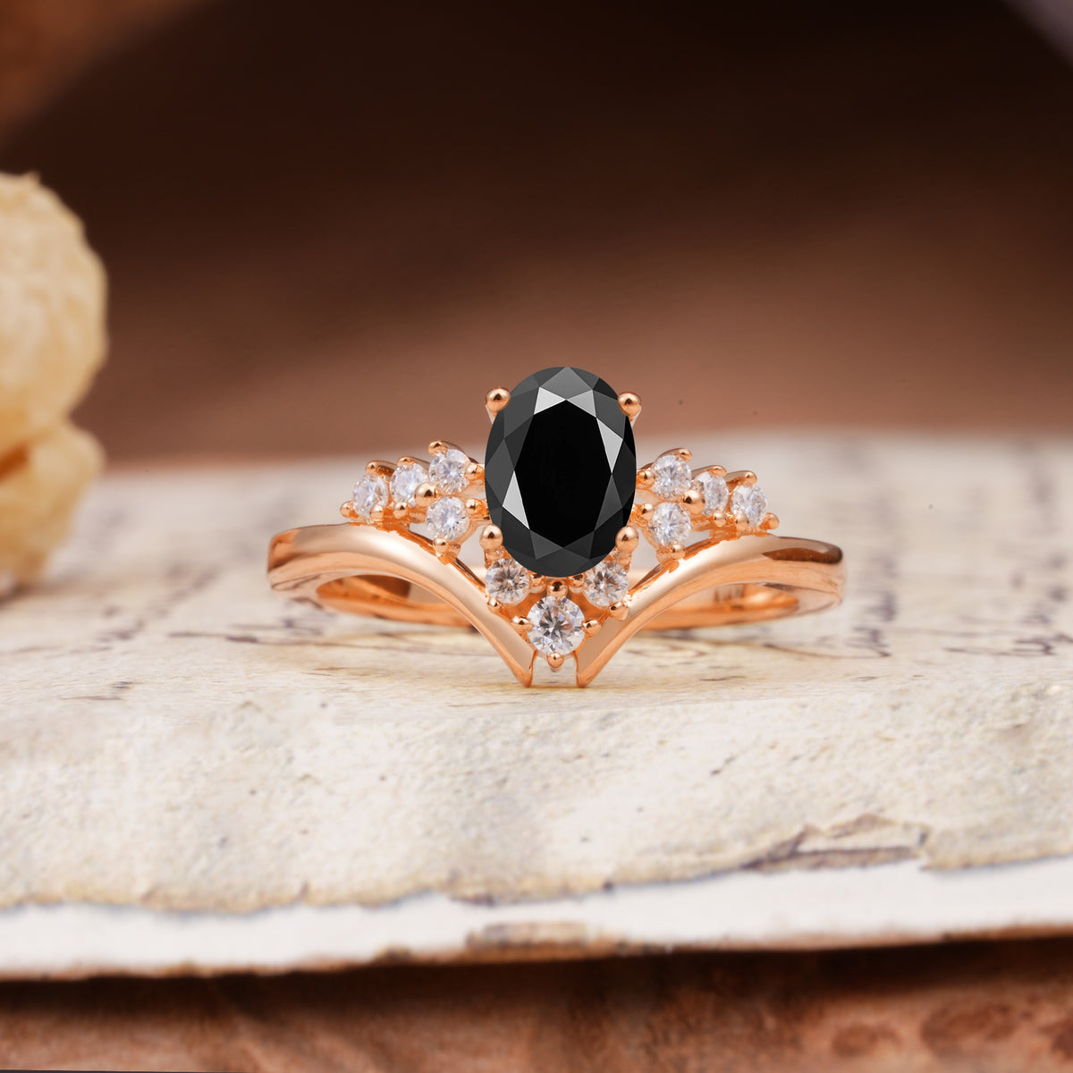 Simple 3-Prong Pear-Cut Black Onyx Two stones Engagement Ring - Additional view