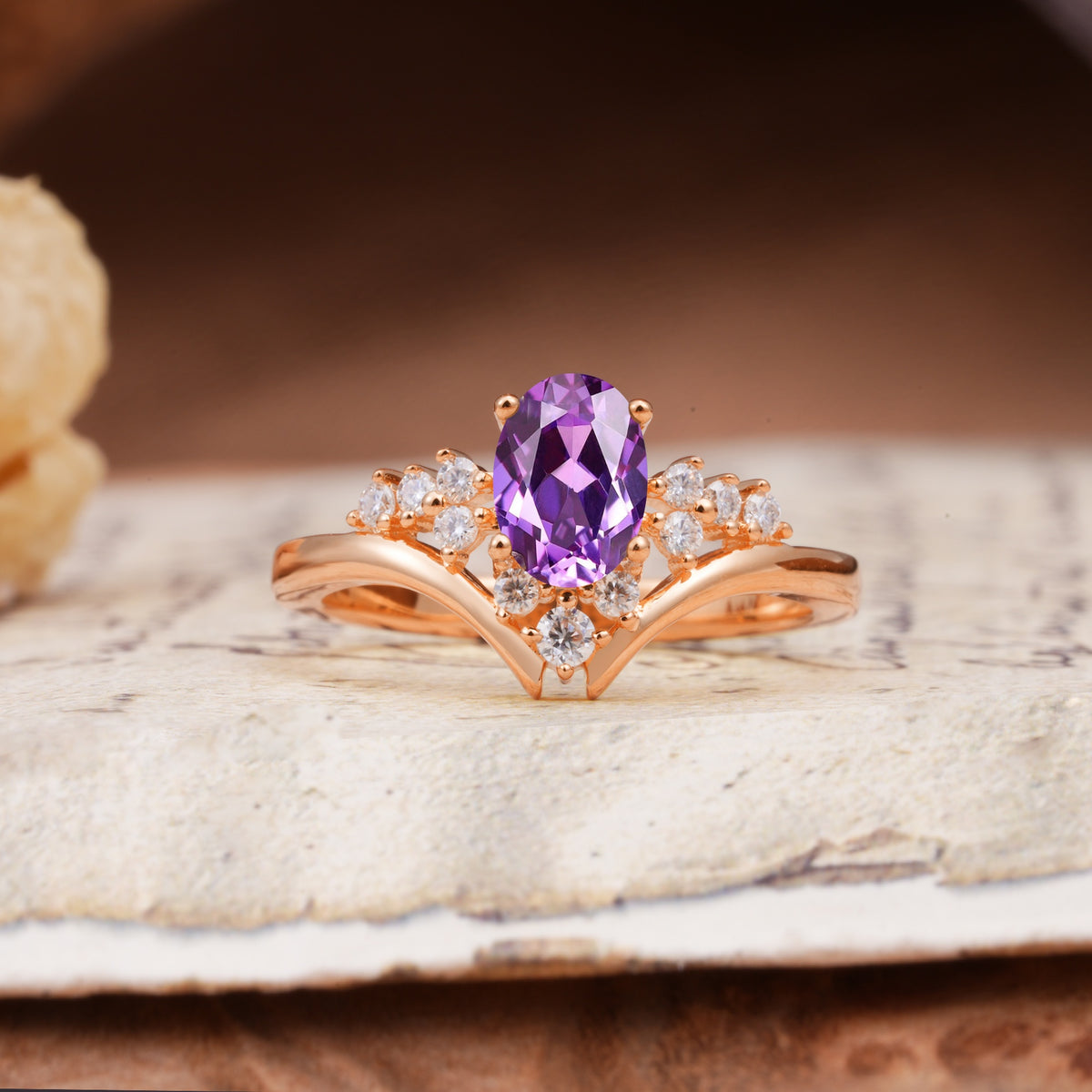 Simple 3-Prong Pear-Cut Amethyst Two stones Engagement Ring - Additional view