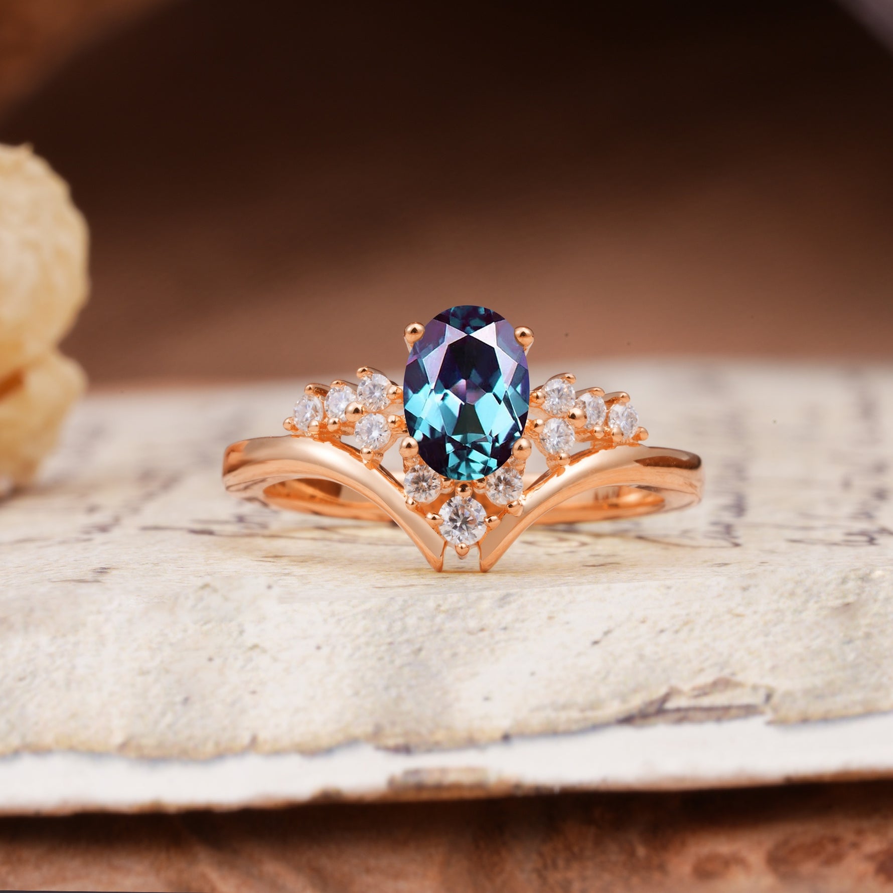 Simple 3-Prong Pear-Cut Alexandrite Two stones Engagement Ring - Additional view