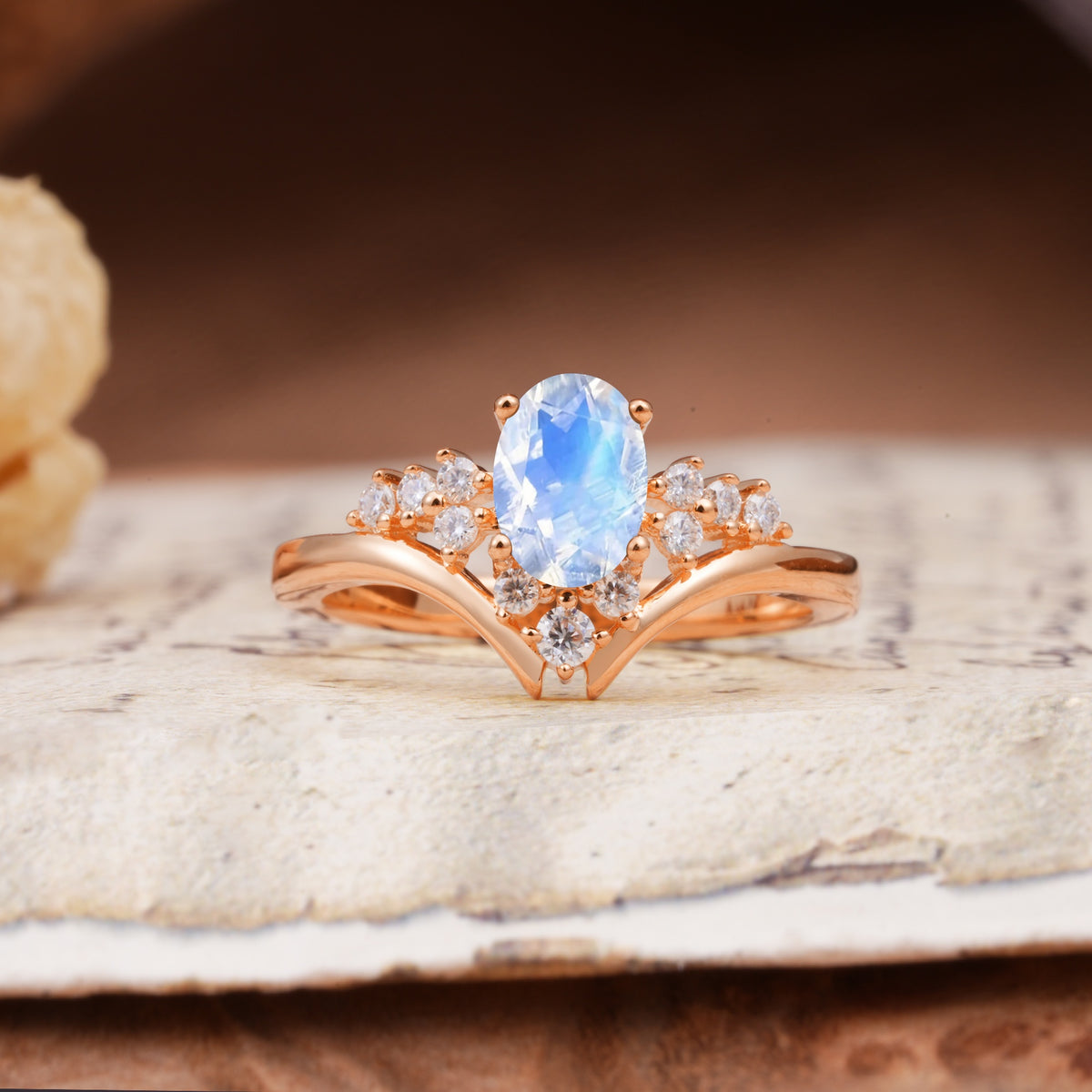 Simple 3-Prong Pear-Cut Moonstone Two stones Engagement Ring - Additional view