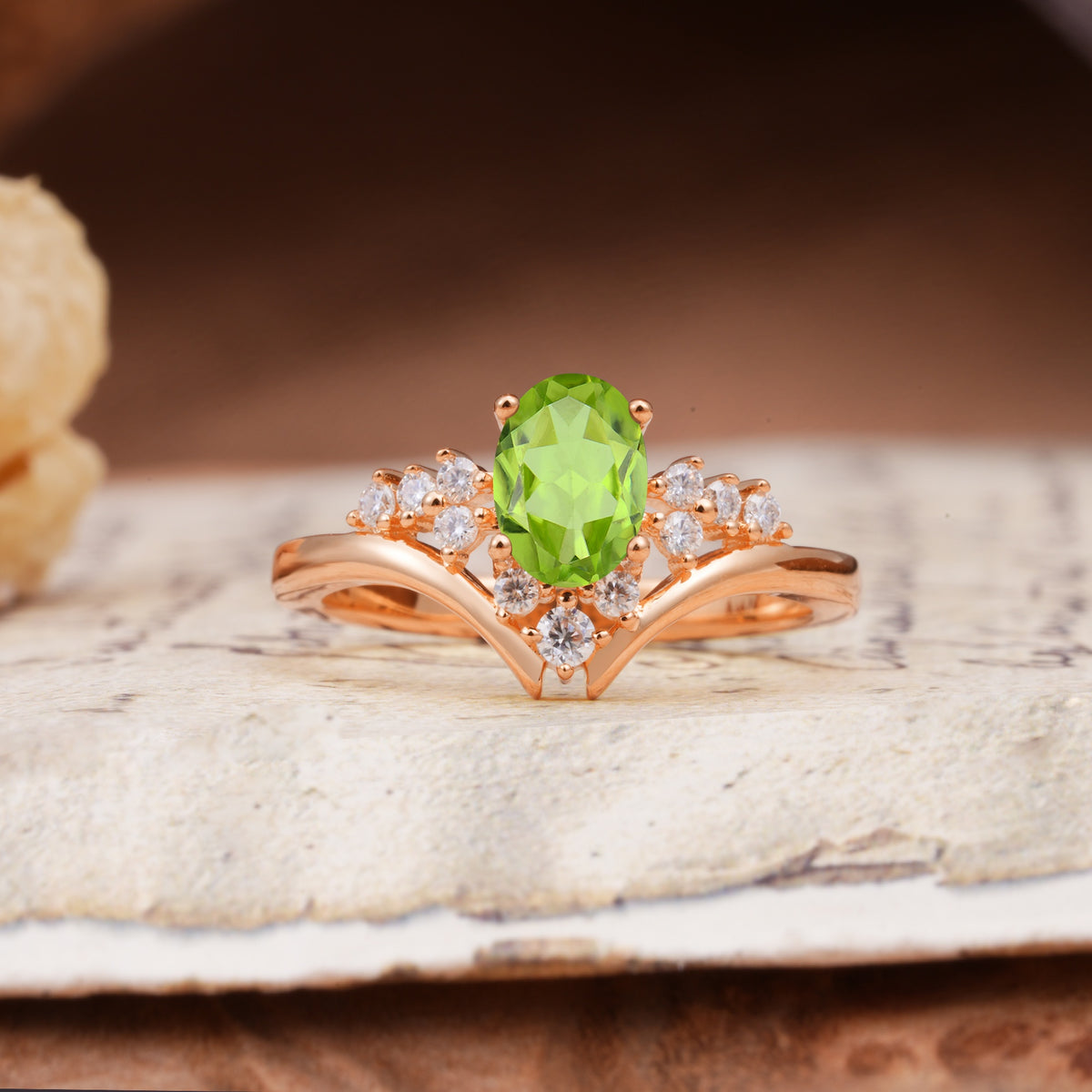Simple 3-Prong Pear-Cut Peridot Two stones Engagement Ring - Additional view