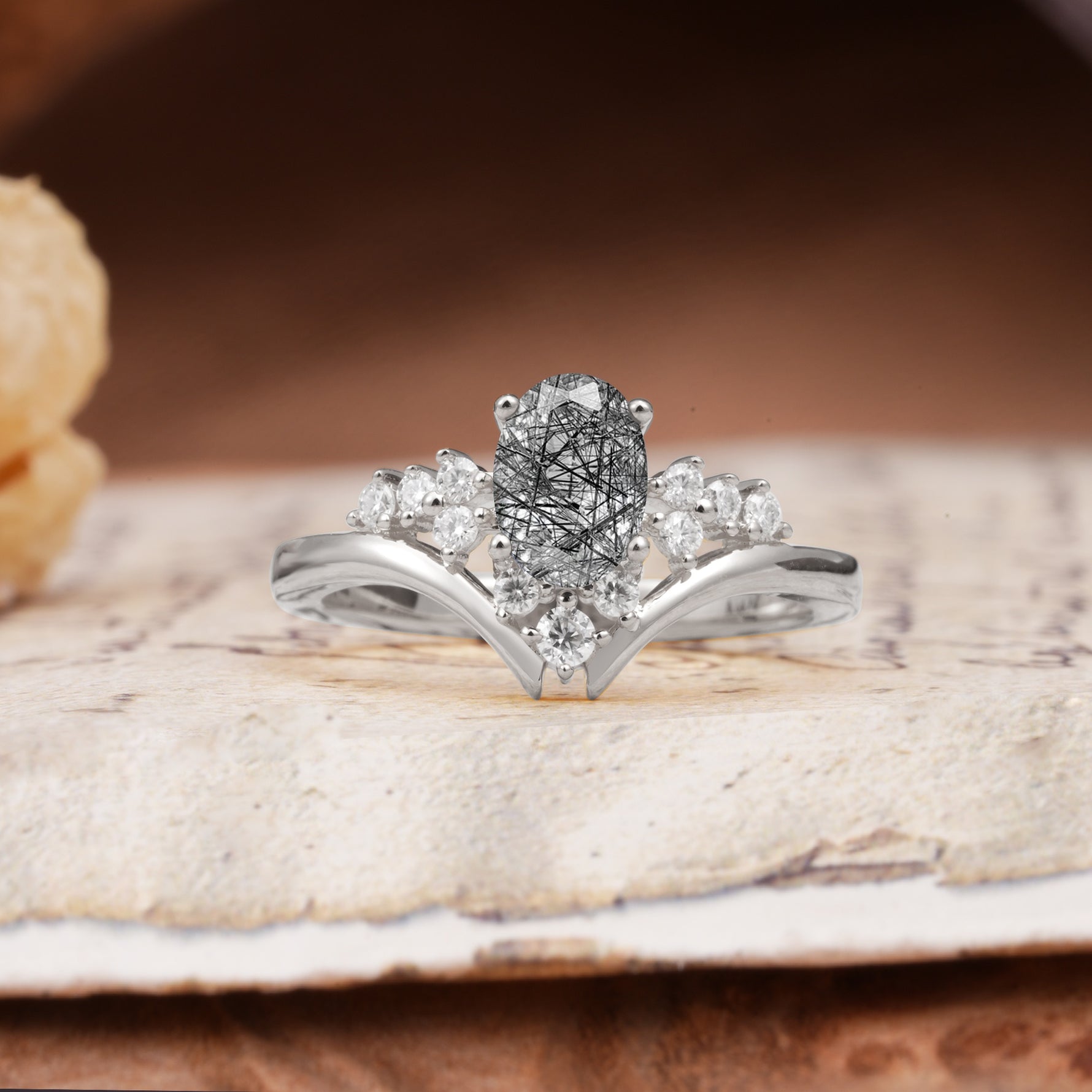 Simple 3-Prong Pear-Cut Black Rutilated Quartz Two stones Engagement Ring - Additional view