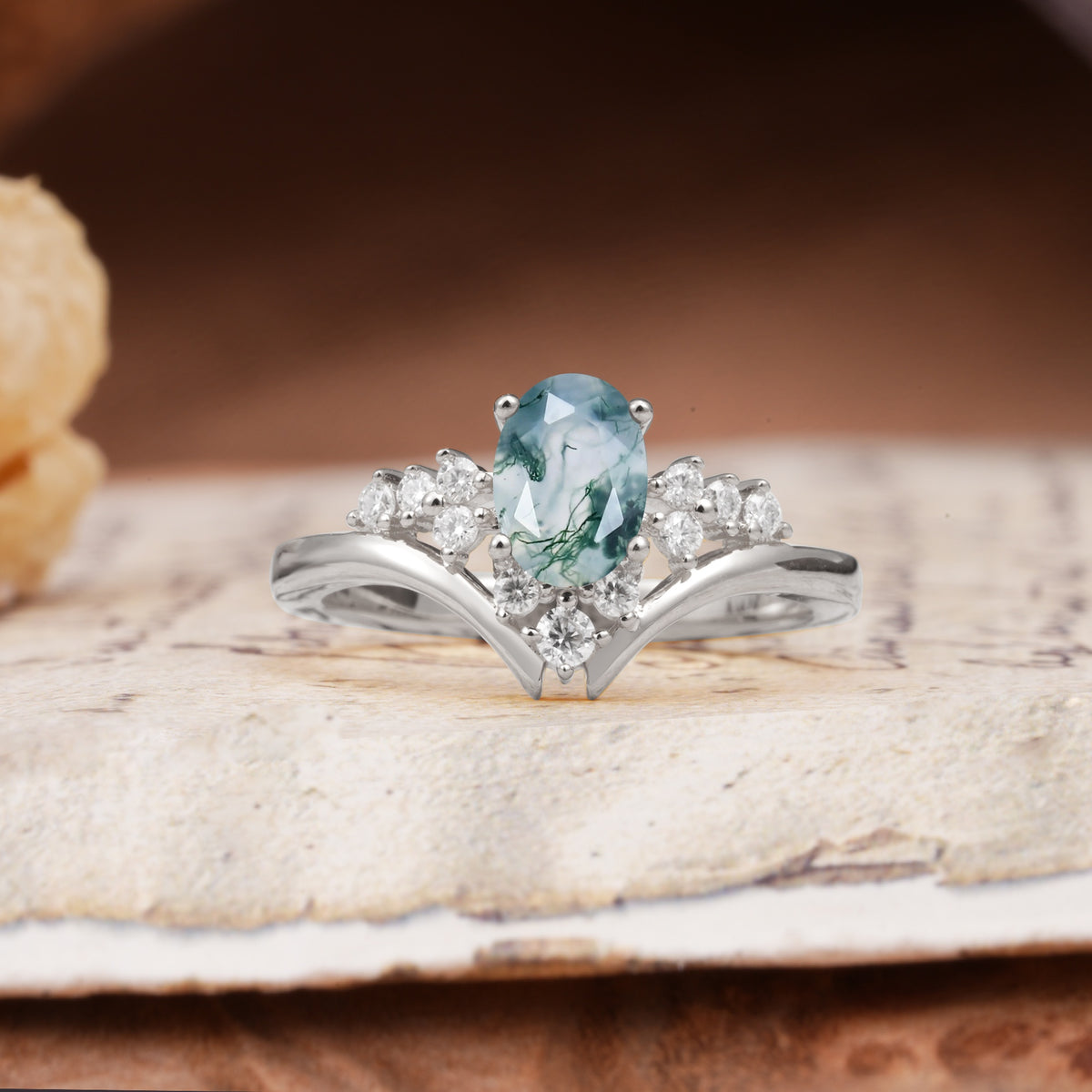 Simple 3-Prong Pear-Cut Moss Agate Two stones Engagement Ring - Additional view