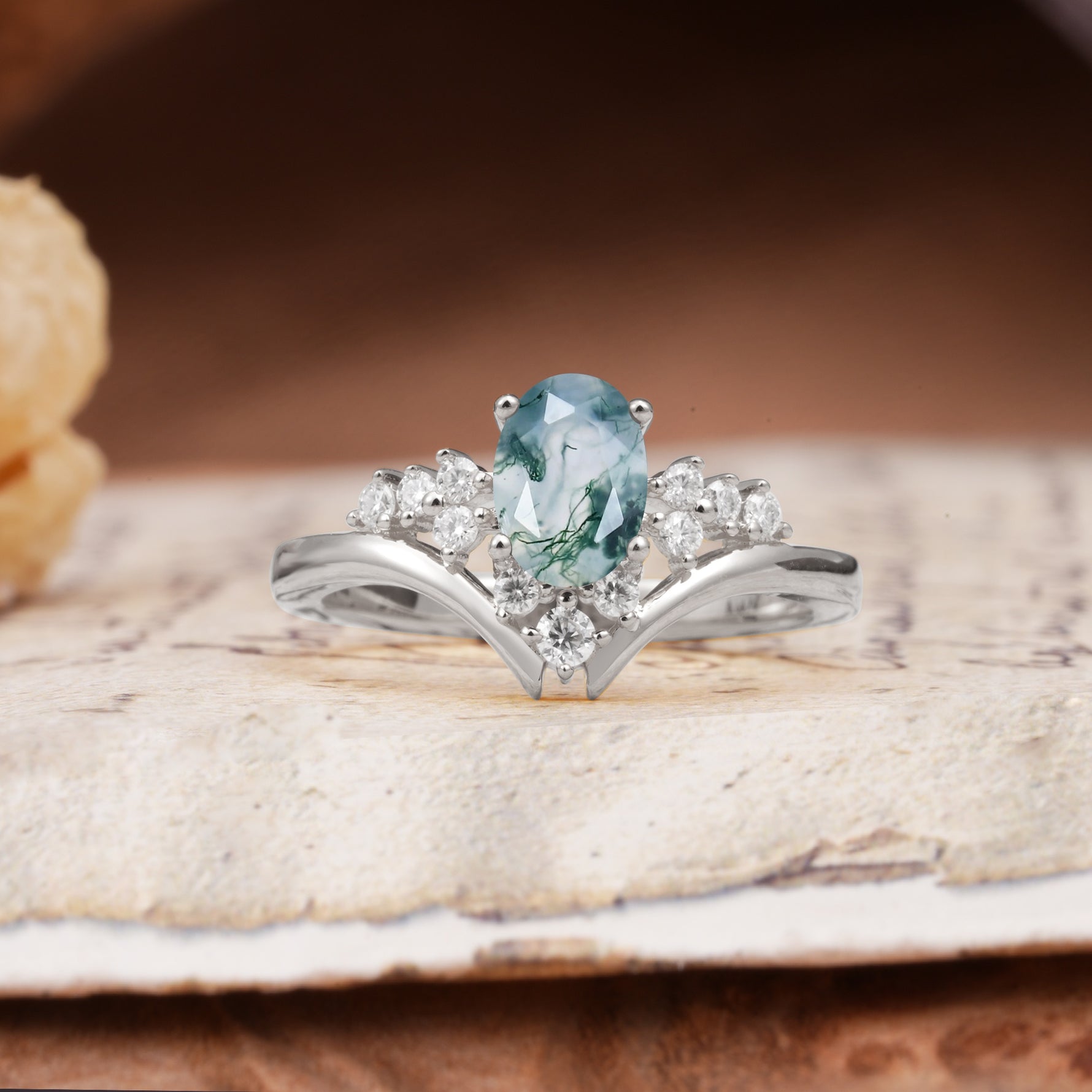 Simple 3-Prong Pear-Cut Moss Agate Two stones Engagement Ring - Additional view