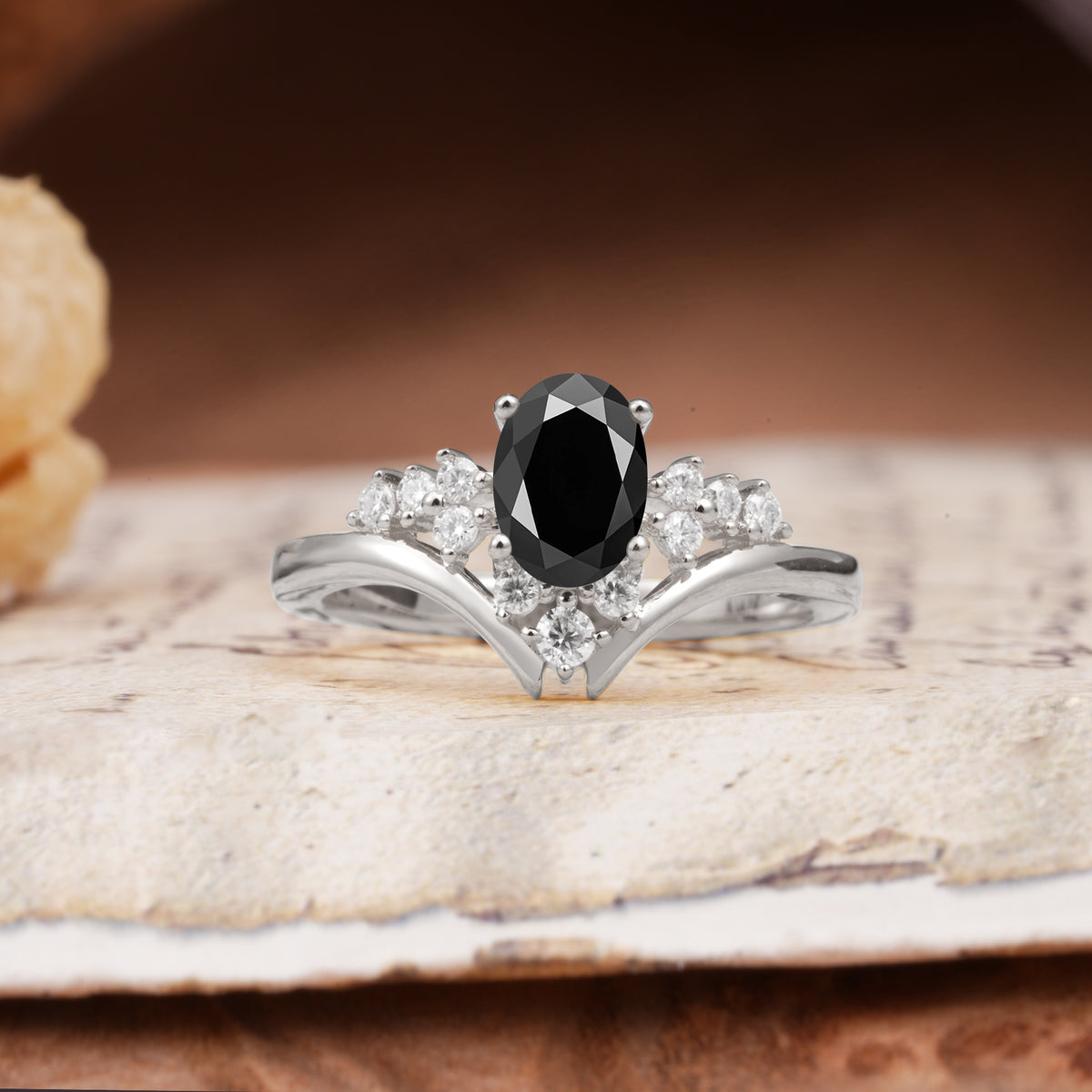 Simple 3-Prong Pear-Cut Black Onyx Two stones Engagement Ring - Additional view